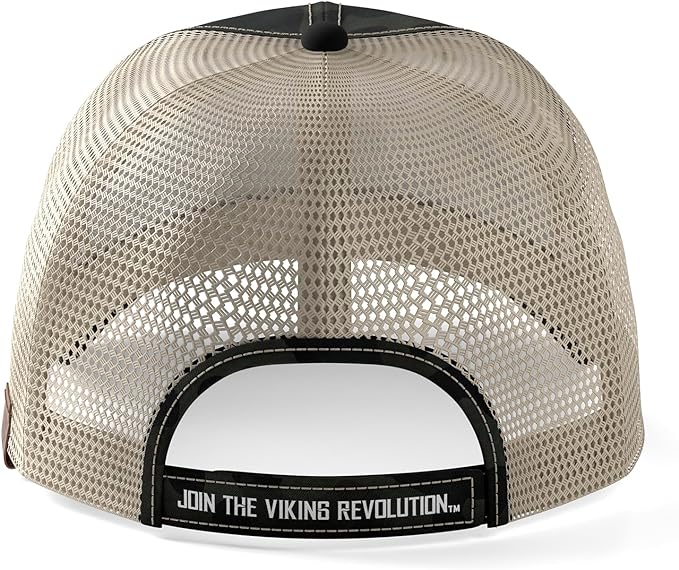 The Trucker Hat for Men Baseball Cap - Camouflage, showcasing the iconic Viking Revolution logo, boasts a mesh back and an adjustable strap with "Join the Viking Revolution" strikingly displayed. Ideal for individuals looking for stylish men's hats that blend rugged charm with bold declarations.