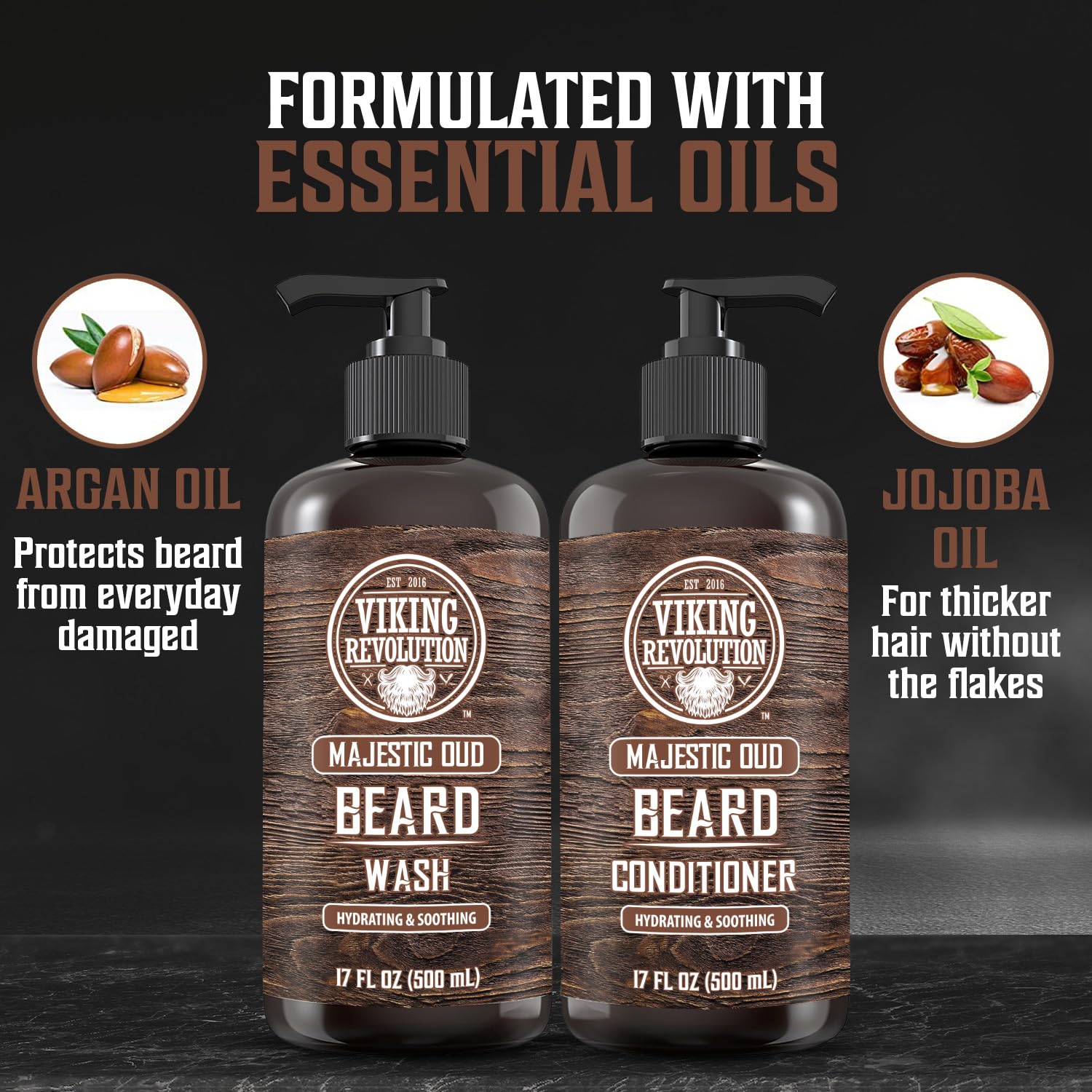 Majestic Oud Beard Wash and Conditioner 17oz: bottles infused with essential oils like argan and jojoba to promote beard growth.