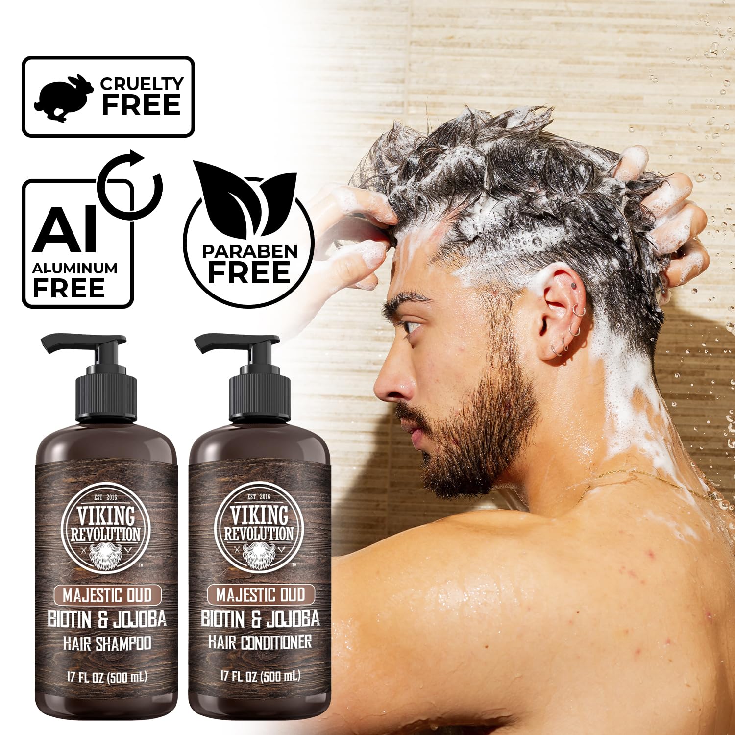 Man washing hair with Majestic Oud Hair Shampoo & Conditioner 17oz; product features shown.