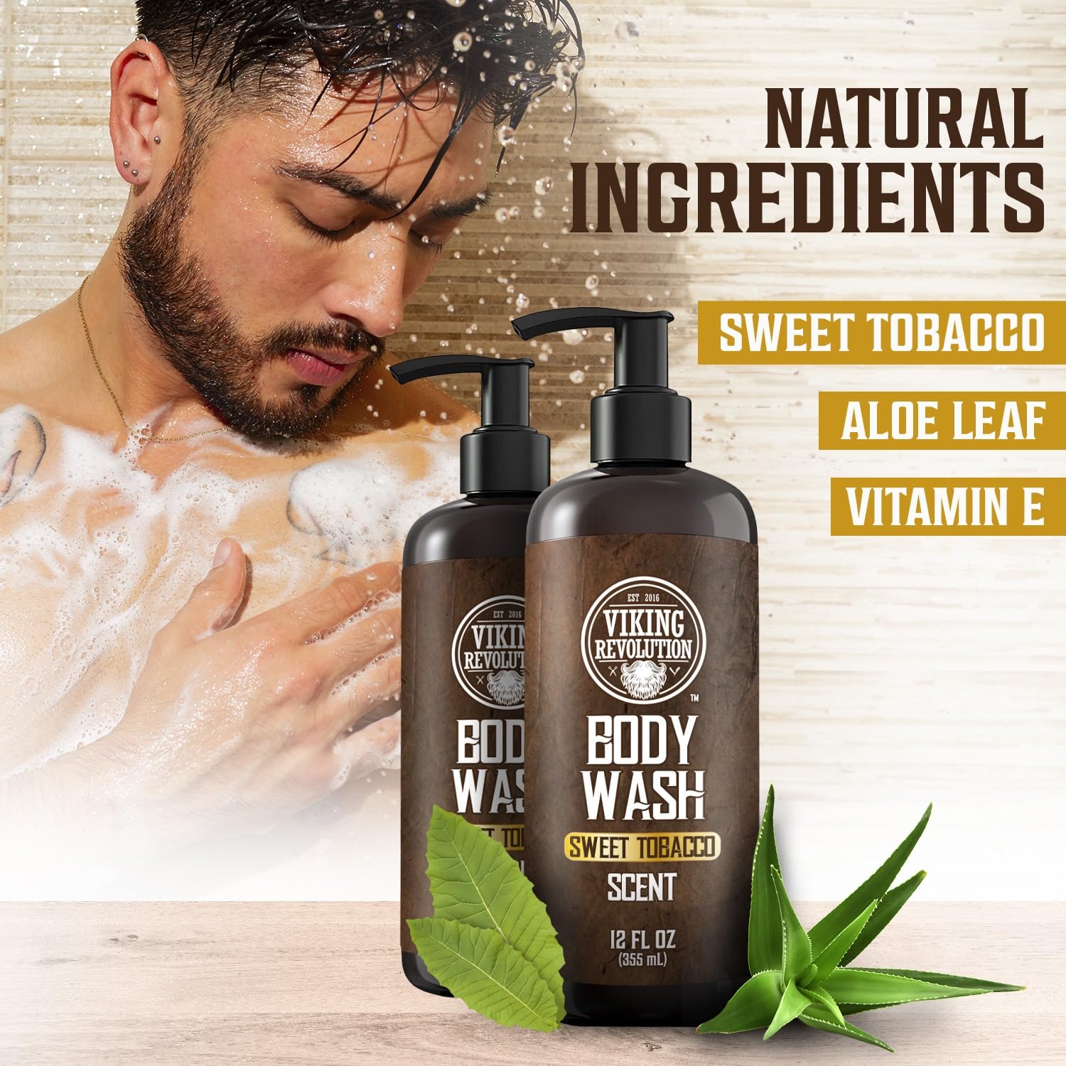 Man showering with Viking Revolutions Body Wash - Sweet Tobacco 2 pack, featuring aloe leaf.