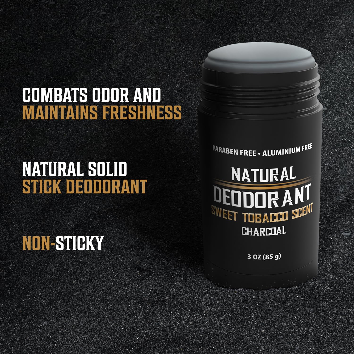 The Sweet Tobacco Natural Deodorant for Men, featuring a charcoal formula and weighing 3oz, offers an aluminum-free option with a sweet tobacco scent on a textured background, making it an ideal men's deodorant choice.