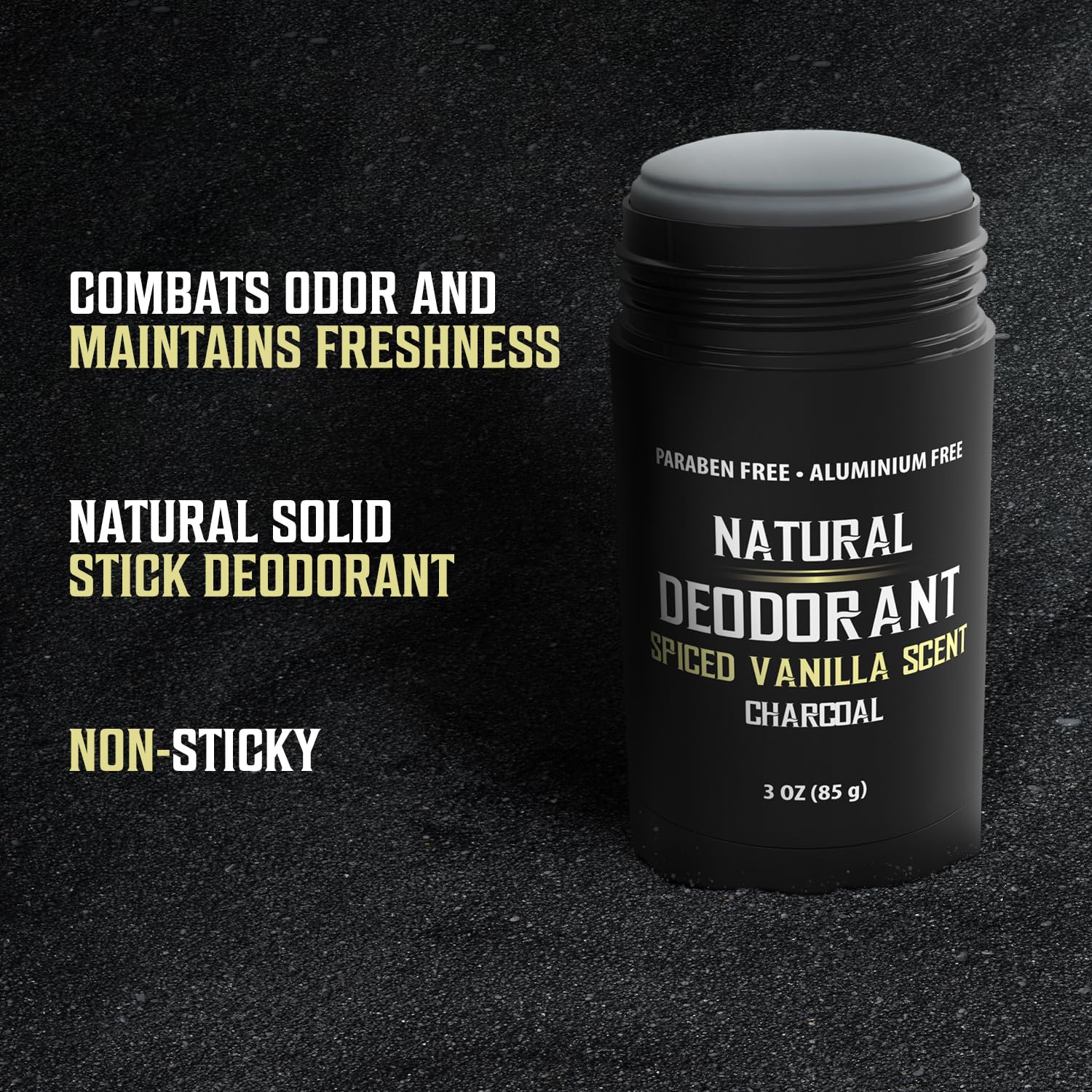 Aluminum-free Spiced Vanilla Charcoal Deodorant for Men, 3oz, with listed product features.