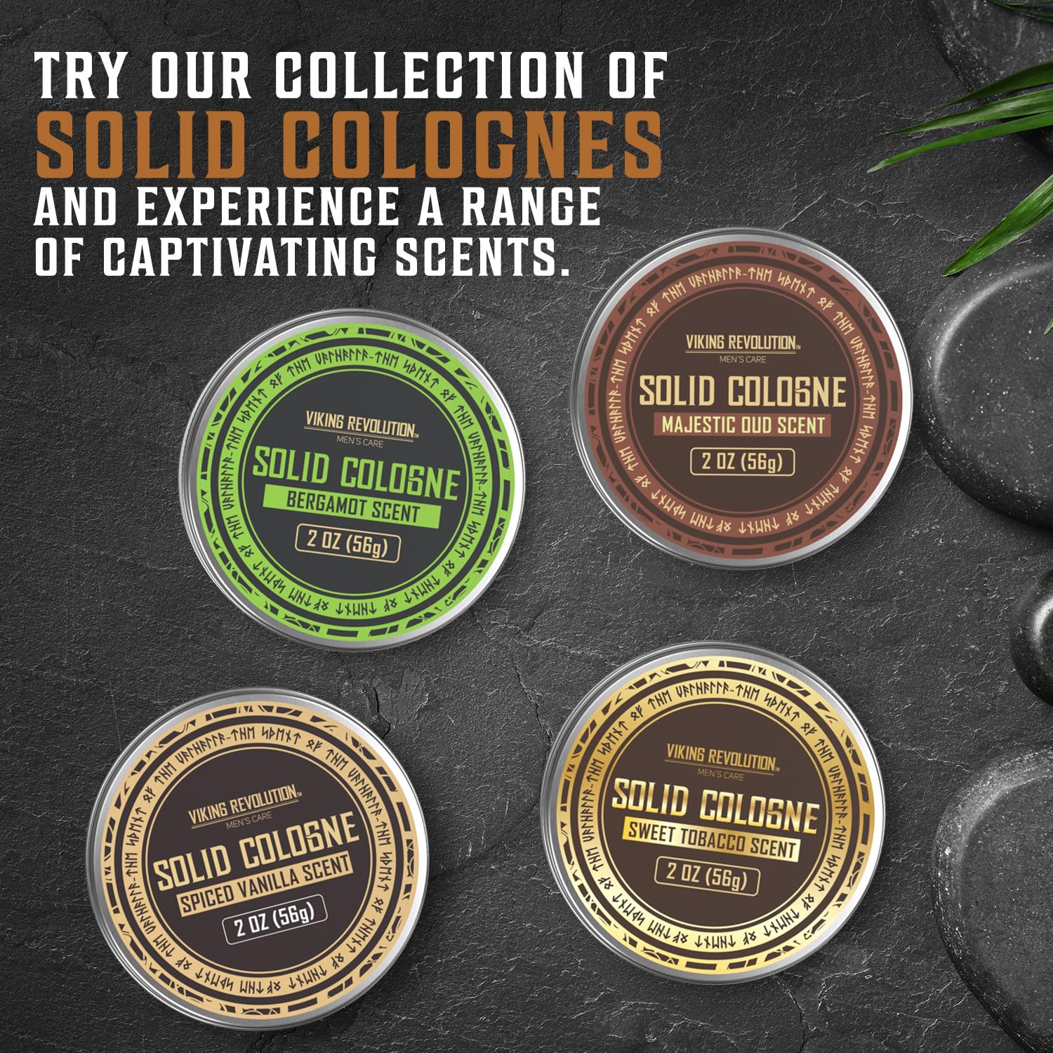 Four tins of Spiced Vanilla Men's Solid Cologne rest elegantly on a dark surface, each capturing a unique scent that redefines men's cologne. Perfect as a gift for men, these fragrances promise to enchant and impress.