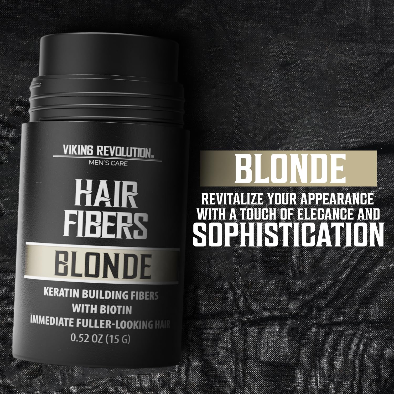 Blonde Hair Fibers black bottle with keratin formula on a dark textured background.
