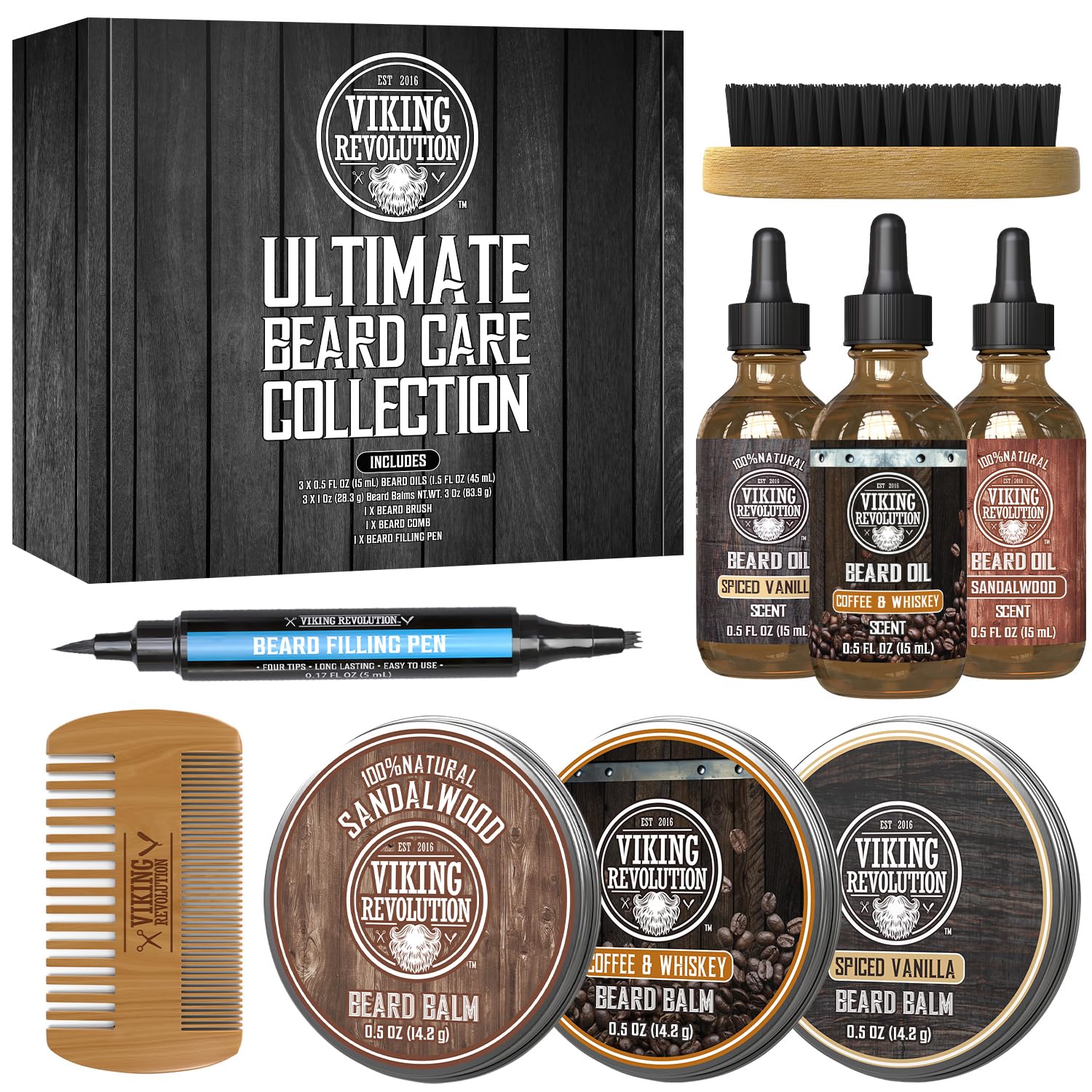 Ultimate Beard Care Collection for men: oil, balm, brush, comb & pen in 4 scents—gift-ready kit.