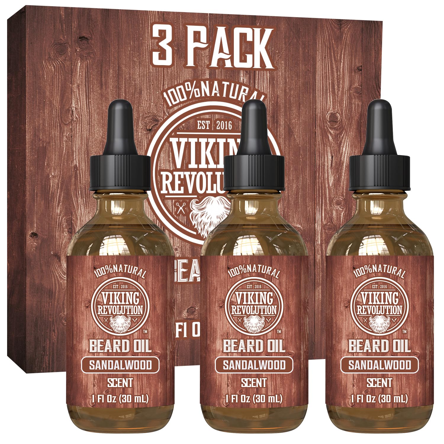 Three bottles of nourishing Beard Oil - 3 Pack 1oz are displayed in front of the packaging, ideal for taming and conditioning your beard while also preventing dandruff.