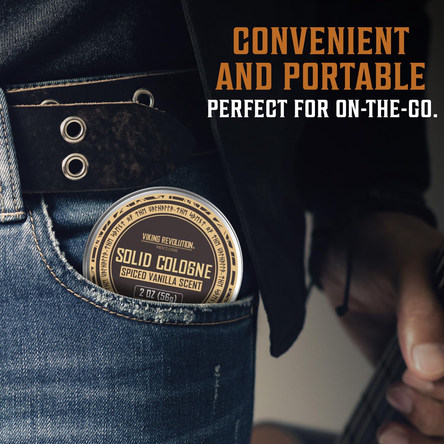 The Spiced Vanilla Mens Solid Cologne 2 Oz is perfectly designed to slide into a jeans pocket, featuring its luxurious Spiced Vanilla Scent. The label reads: "Convenient and Portable—an ideal gift for men who appreciate sophistication on the go.