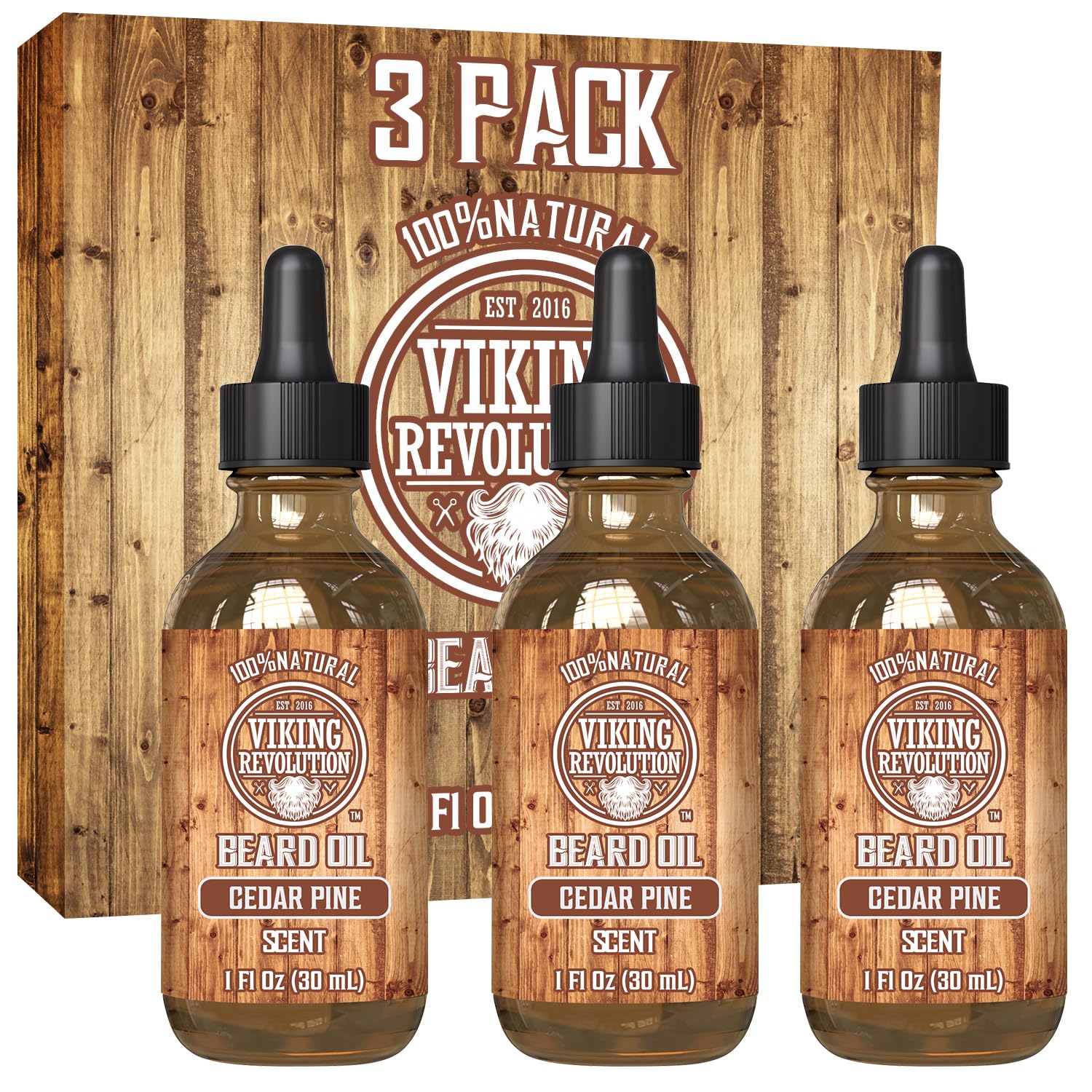 Three bottles of Cedar & Pine Beard Oil - 3 Pack, designed with organic oils for premium care, are displayed in front of their packaging.