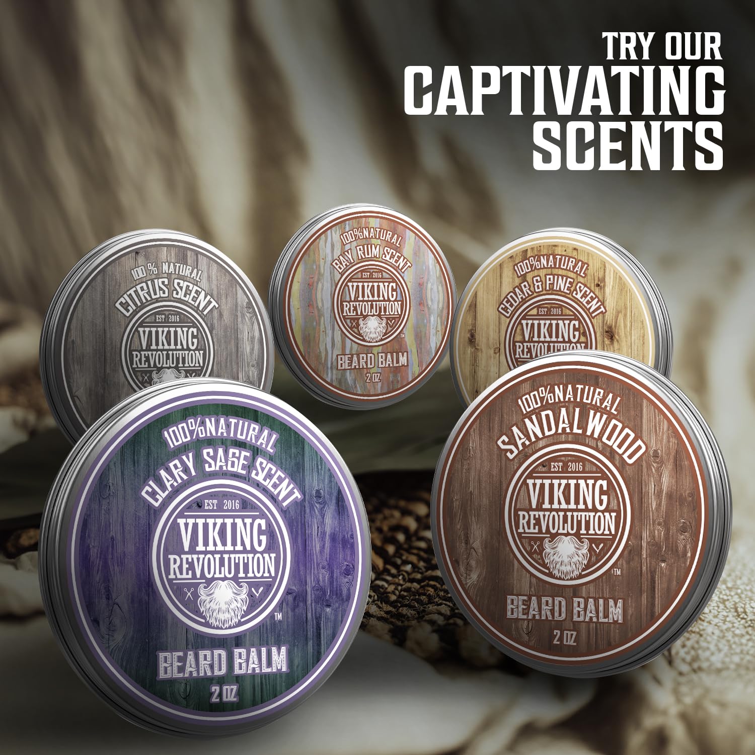 Five jars of Bay Rum Beard Balm: Try Our Captivating Scents for Beard Conditioning with Natural Ingredients.