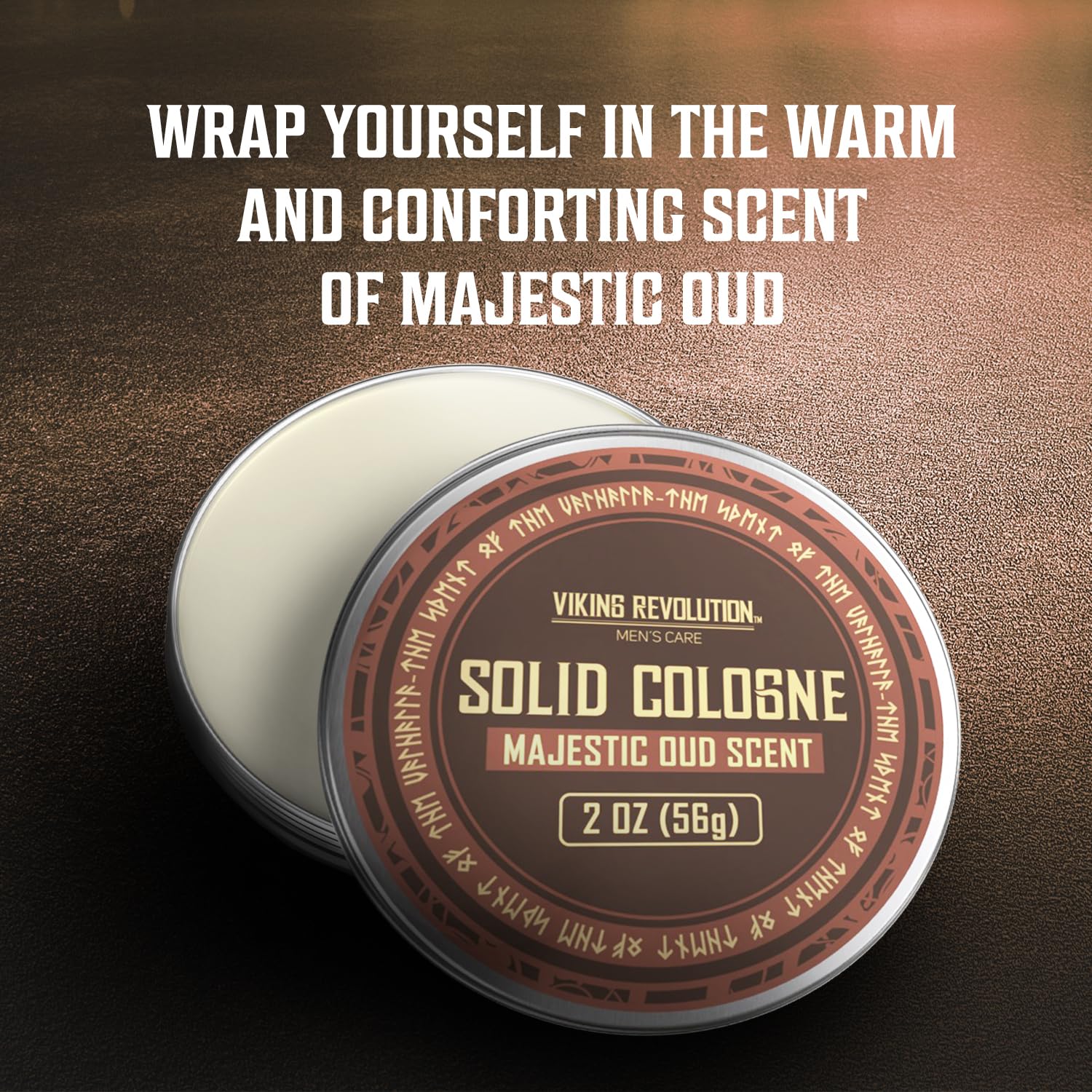 A 2 oz tin of Majestic Oud Mens Solid Cologne rests on a textured surface, offering a masculine fragrance and making it an ideal gift for men.