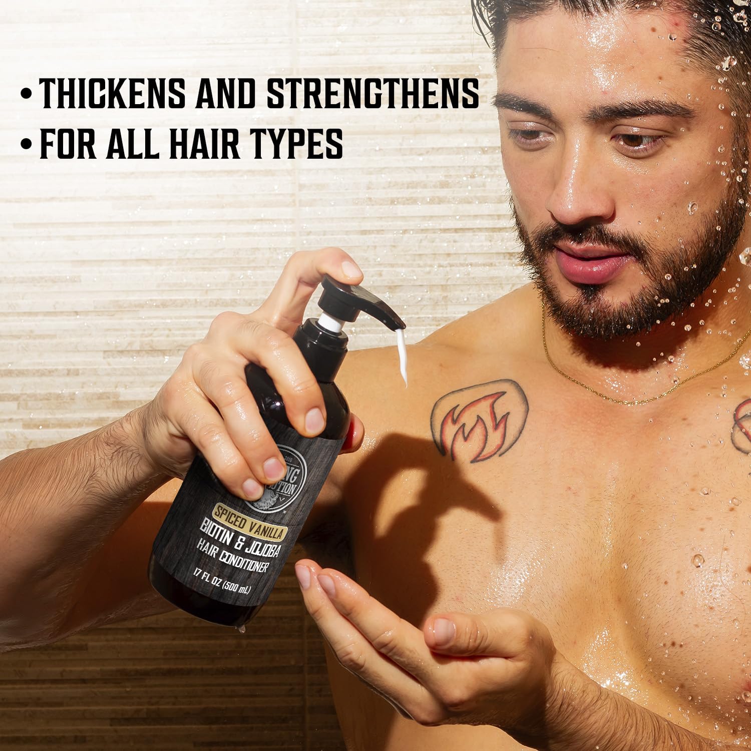 In the shower, a man uses Spiced Vanilla Hair Shampoo & Conditioner, infused with Jojoba and Olive oil, providing rich nourishment suitable for all hair types.