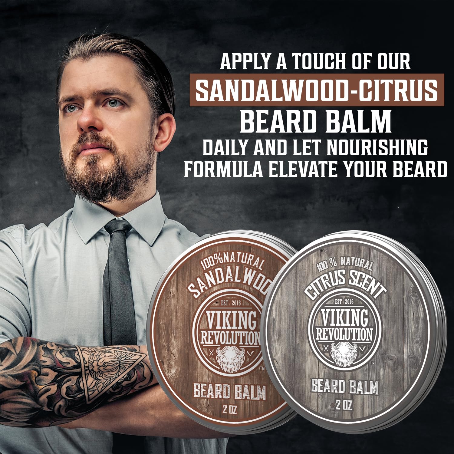 Confident man in shirt showcases the all-natural Viking Revolution Beard Balm - 2 Pack.