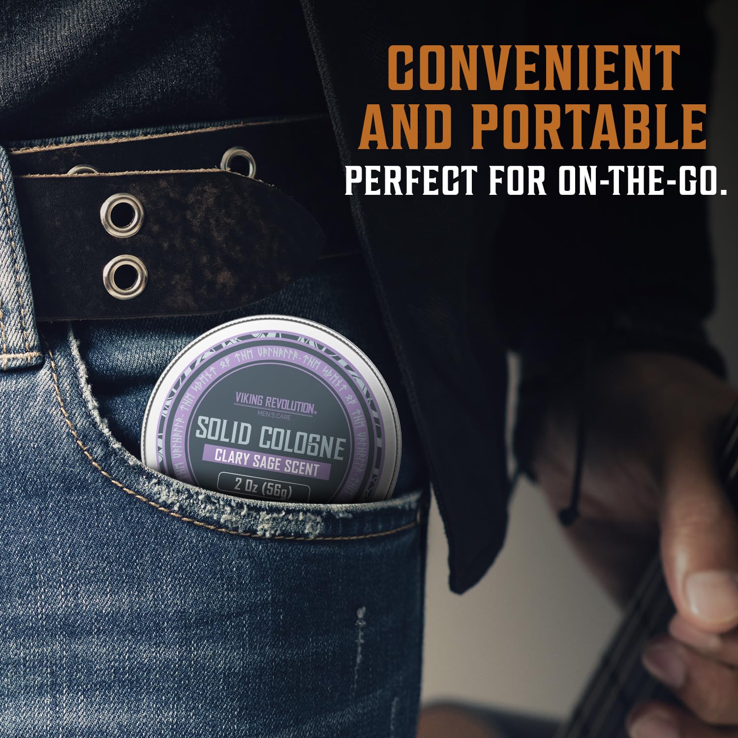 Solid Cologne 2 Oz Single Clary Sage in pocket, labeled Convenient and Portable. Perfect for on-the-go, this manly fragrance makes an excellent gift for men.