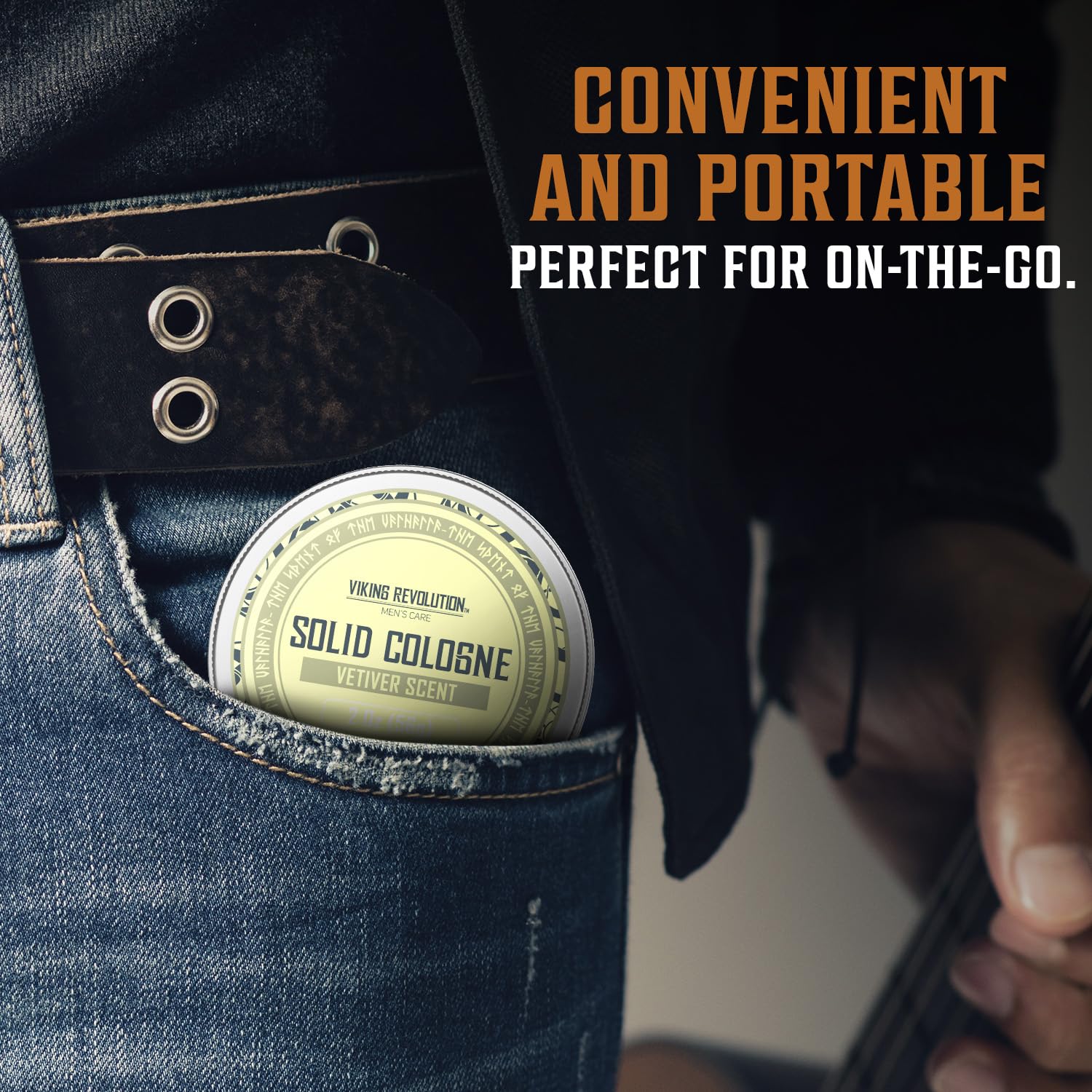 The Solid Cologne 2 Oz Single Vetiver is perfect to slide into your back pocket, featuring the text 'Convenient and Portable.' It's an ideal men's fragrance for those on-the-go and makes a great gift for men who value practicality and style.