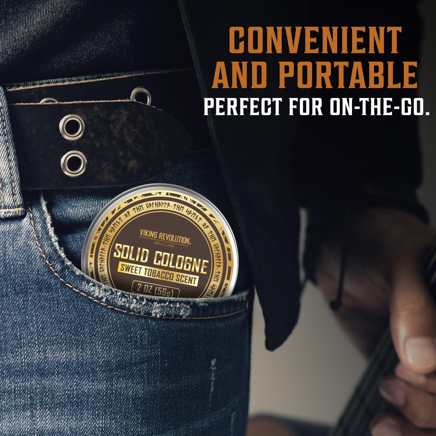 Tin of cologne in jeans pocket, labeled Sweet Tobacco Mens Solid Cologne. Text: Manly Fragrance and Portable.
