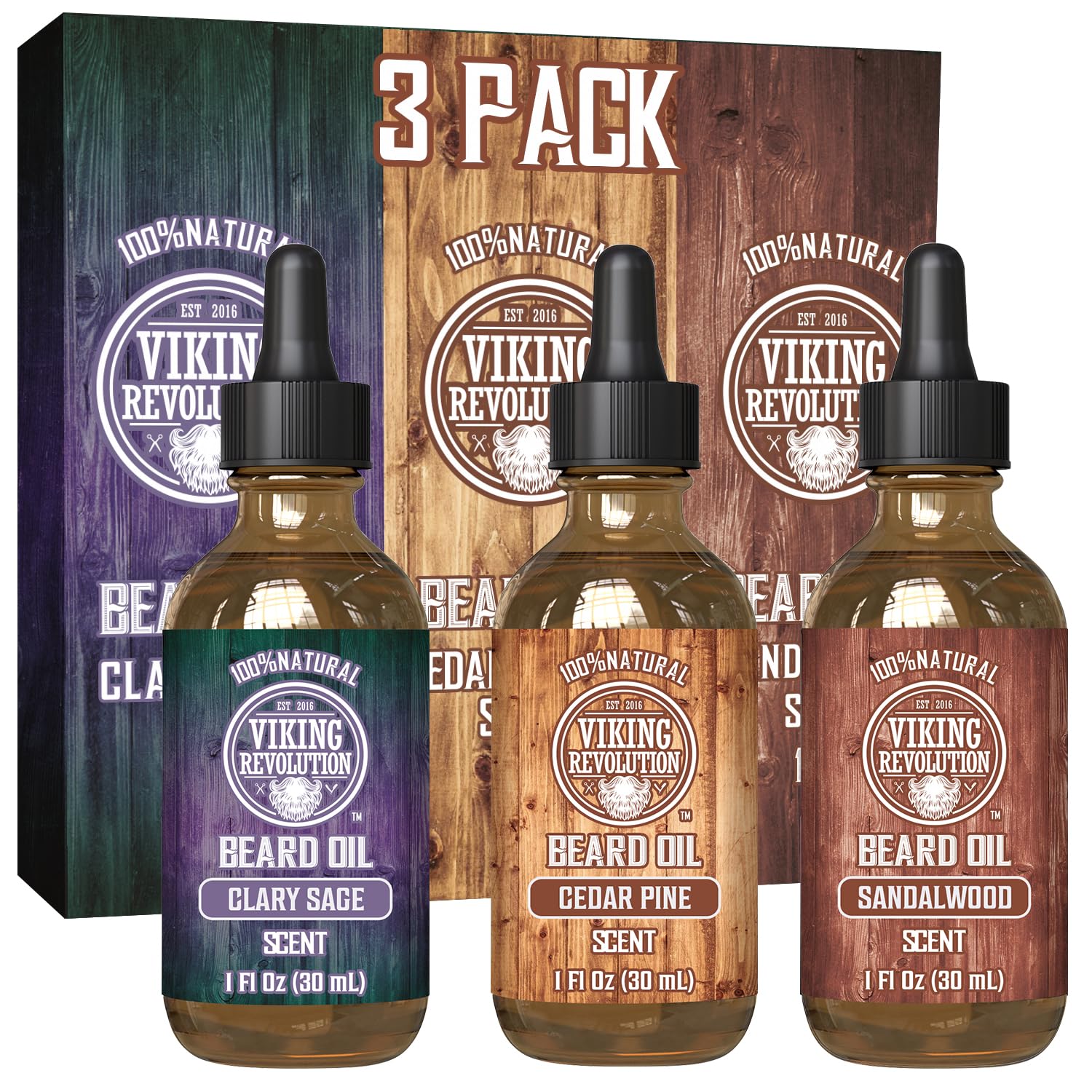 Viking Revolutions 3 Pack Beard Oil Mix features Sandalwood, Pine & Cedar, and Clary Sage with natural ingredients.
