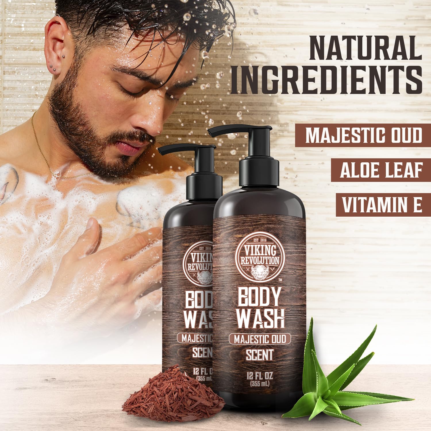 A man elevates his shower routine with the luxurious Body Wash - Majestic Oud 2 pack. These bottles feature natural ingredients such as aloe and vitamin E, making this men's body wash an ideal addition to his grooming regimen.
