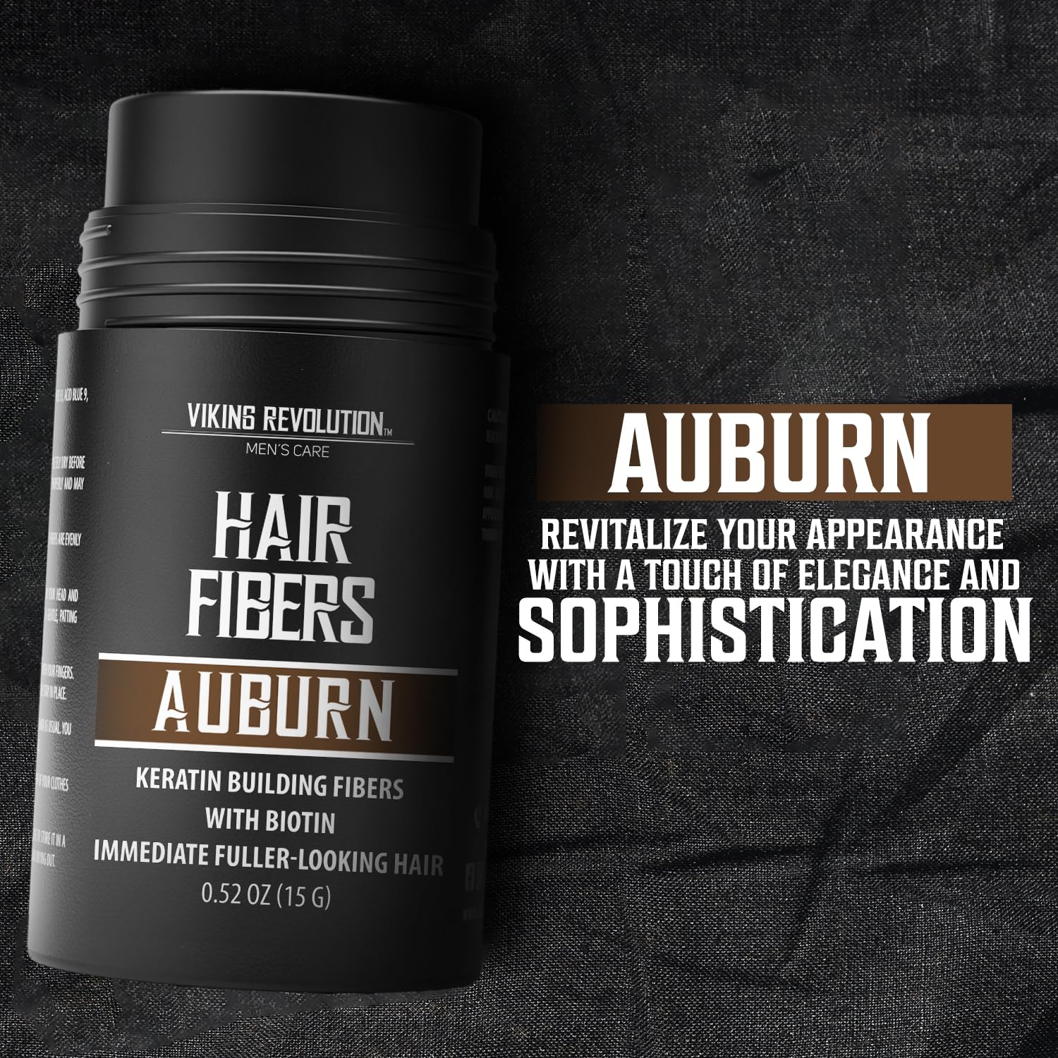On a dark, textured background, the Auburn Hair Fibers for Thinning Hair bottle stands out with bold text highlighting the advantages of natural keratin hair building fibers, ideal for men wanting thicker-looking hair.