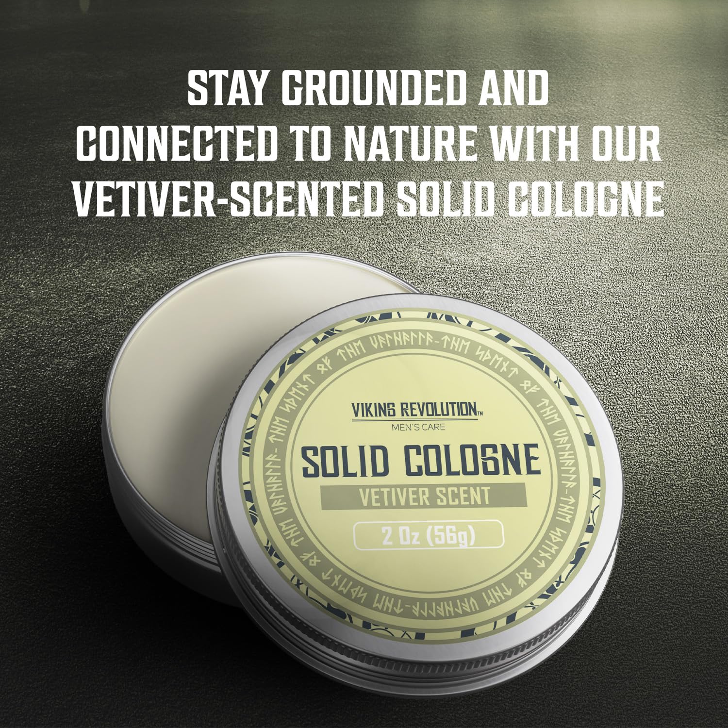 Solid Cologne 2 Oz Single Vetiver tin on a leather surface with a nature-themed text overlay, making it an ideal gift for men.