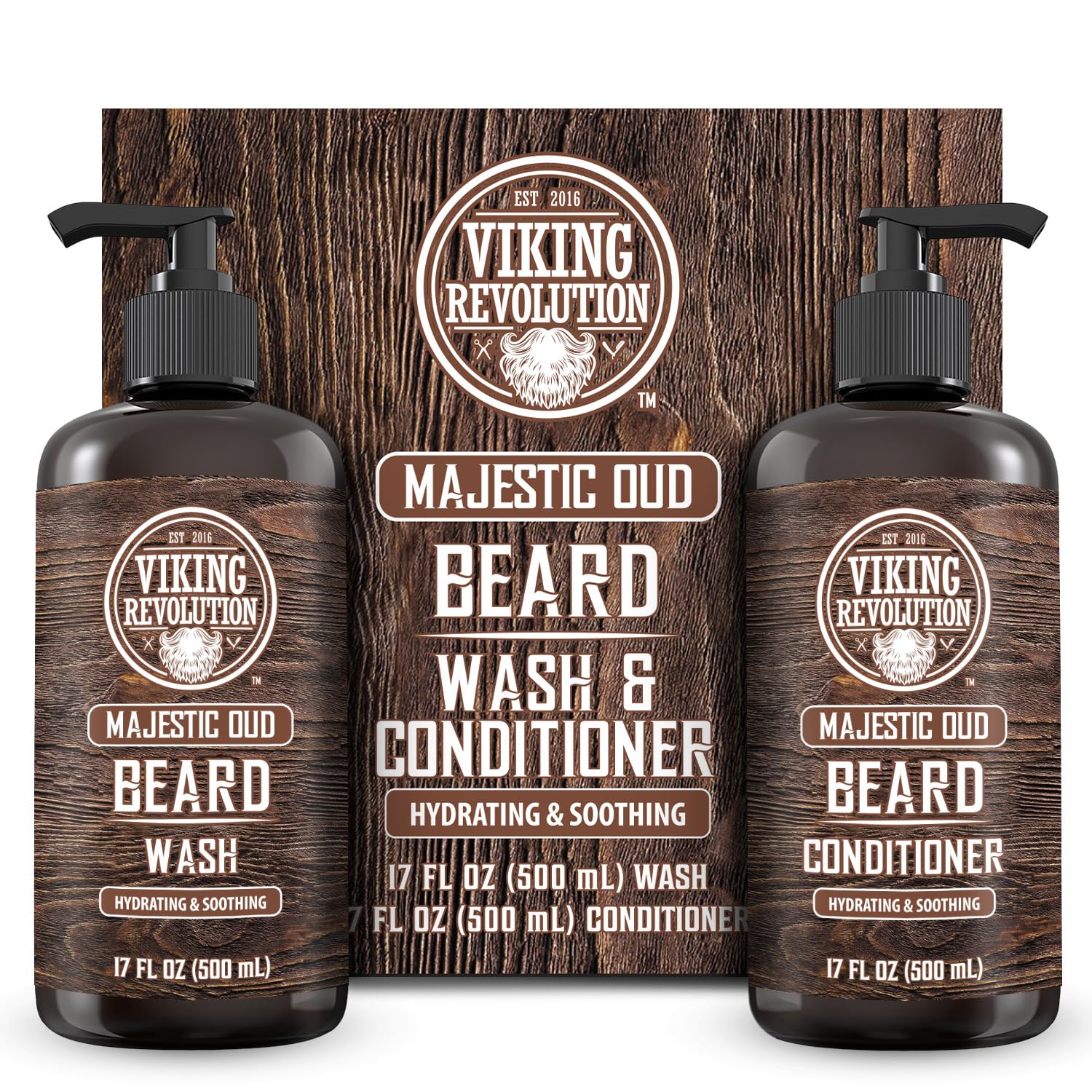 Two bottles of Beard Wash and Beard Conditioner 17oz, Majestic Oud, essential for premium beard care, in front of the packaging.