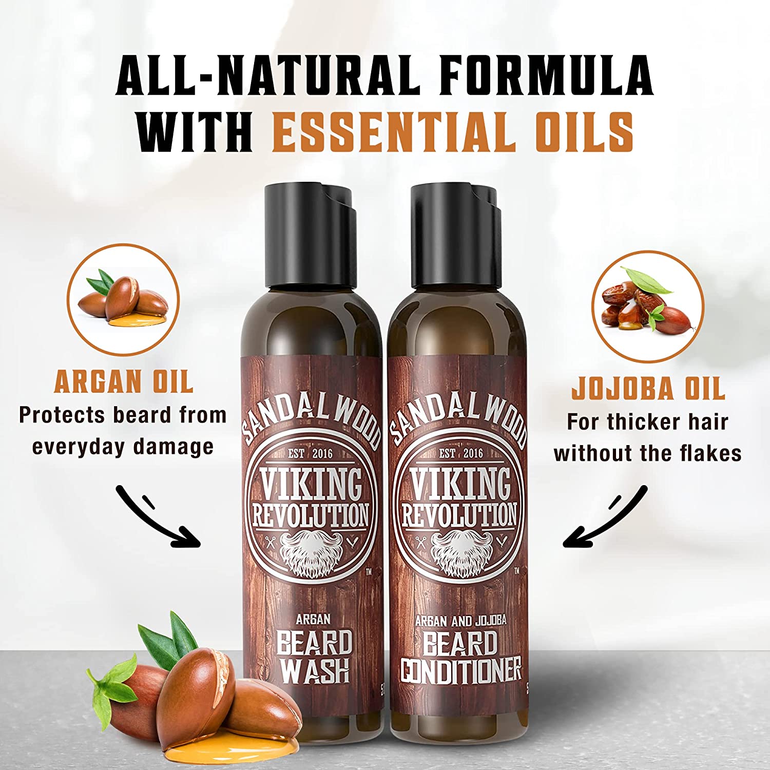 Two bottles of Viking Revolution Sandalwood Beard Wash & Conditioner Set 5oz for natural beard care.