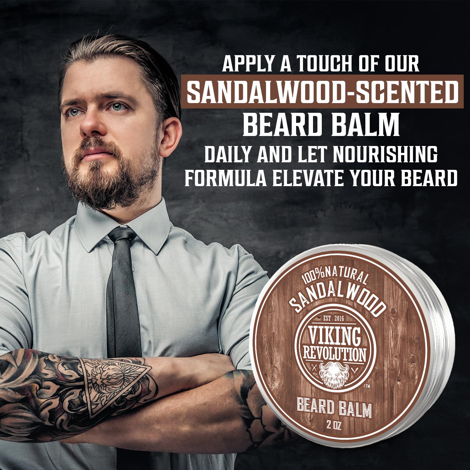 Man with folded arms standing next to a container of Beard Balm - Sandalwood Scent (2oz), ideal for combating beardruff.