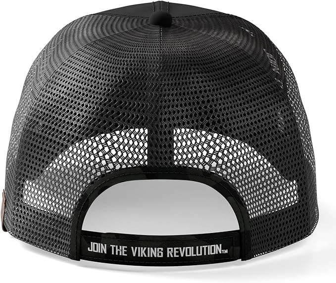 Back view of the Trucker Hat for Men in black mesh, featuring "Join the Viking Revolution" on the adjustable strap, ideal for men's hat enthusiasts.