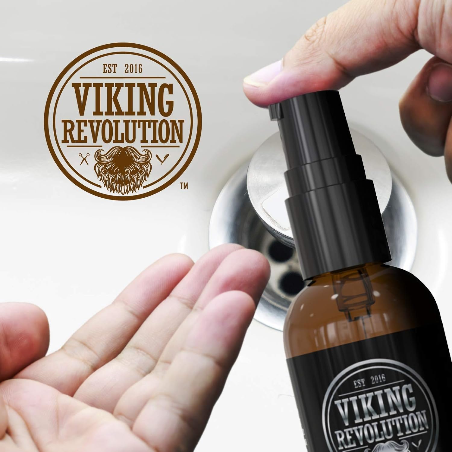 A person pumps Sandalwood Pre-Shave Oil (1oz) with all-natural ingredients into their hand over a sink.