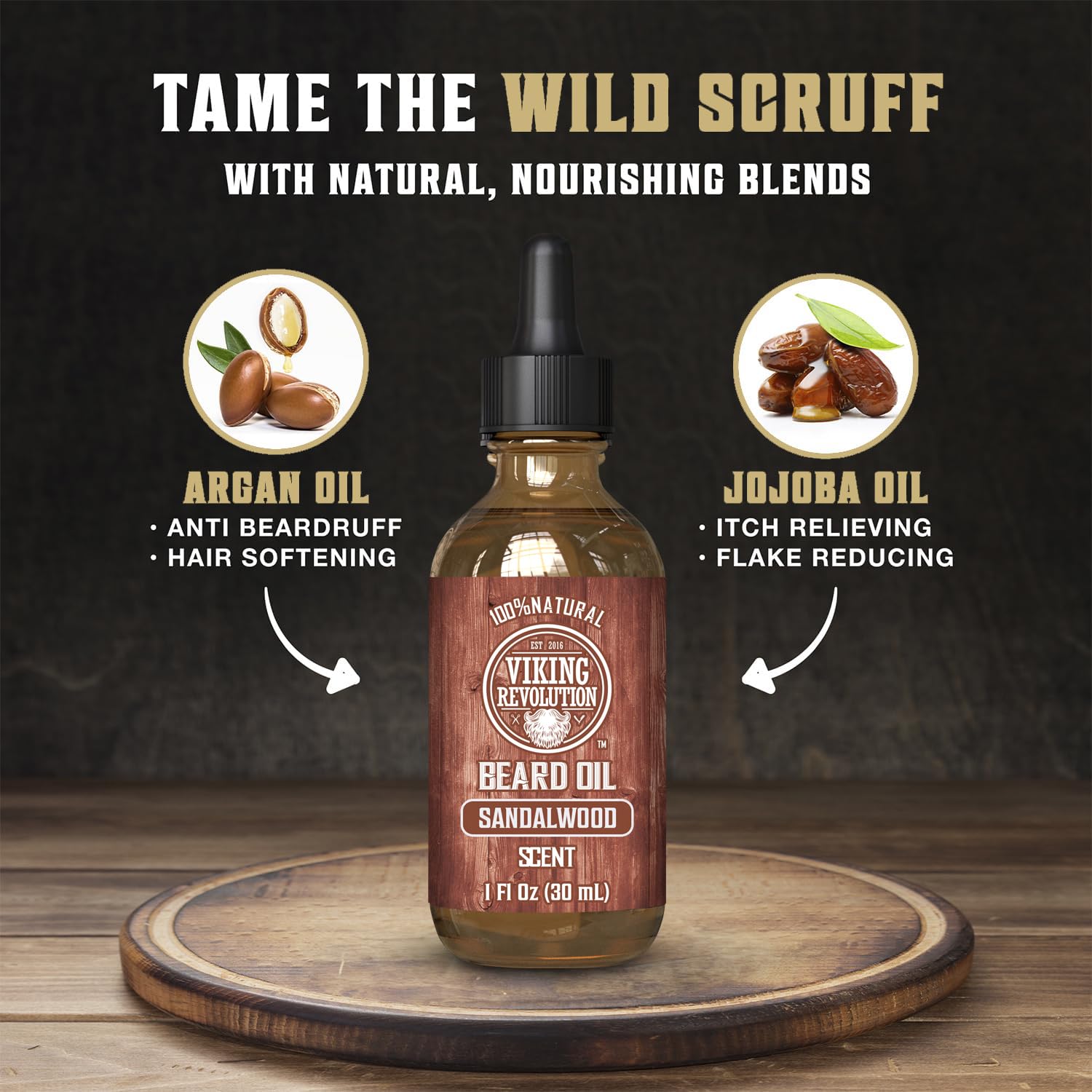 A bottle of Viking Revolution beard oil from the Sandalwood Grooming Kit.