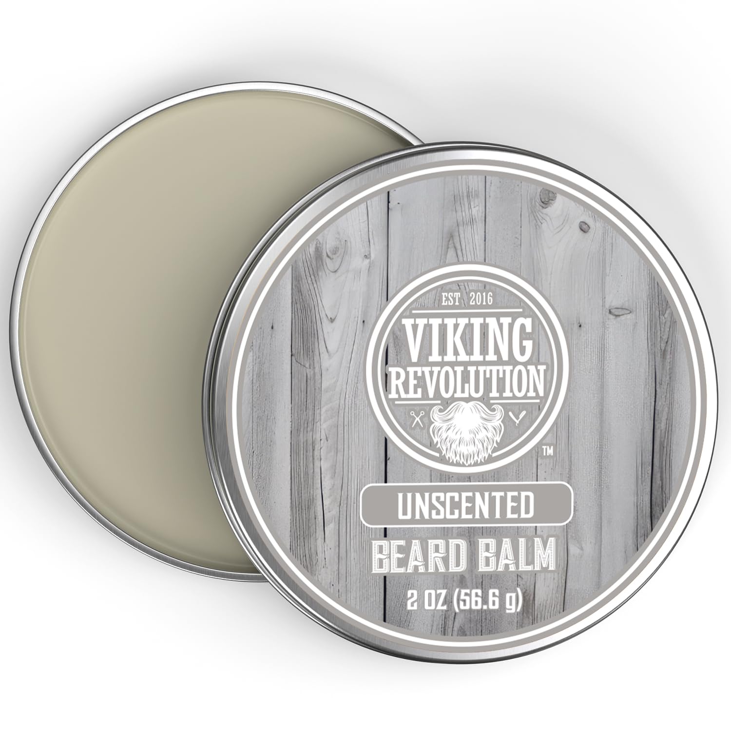 Open tin of Unscented Beard Balm (2oz) for natural beard care.