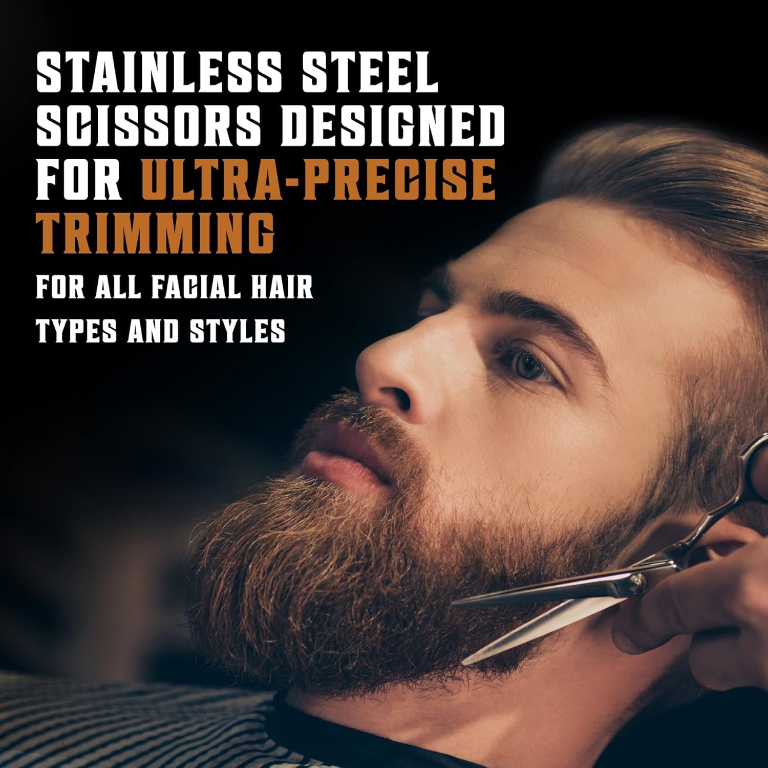 Man grooms his beard with our Beard Brush and Comb Set plus 5oz Beard Wash and Conditioner.
