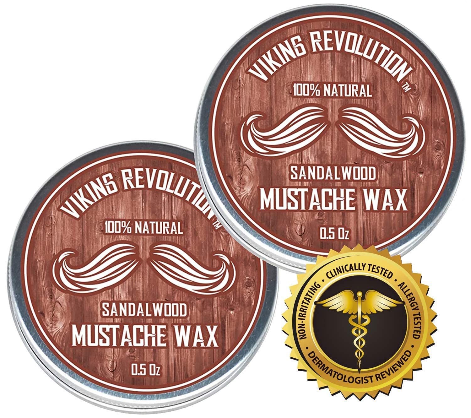Two tins of Sandalwood Mustache Wax - 2 Pack for natural grooming, sealed with dermatologist approval.