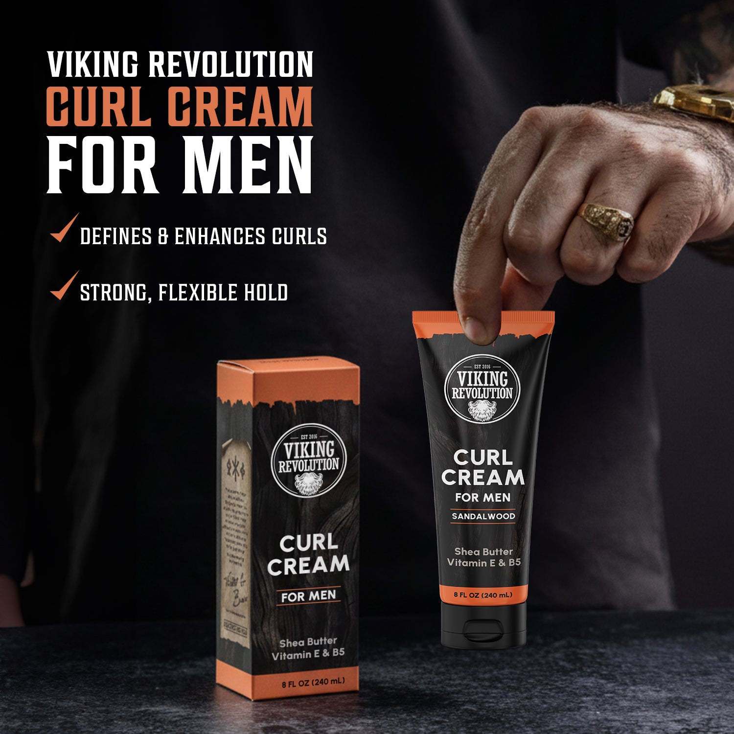 A hand holds Sandalwood Curling Cream (8fl oz); box and tube shown with key curly hair benefits.