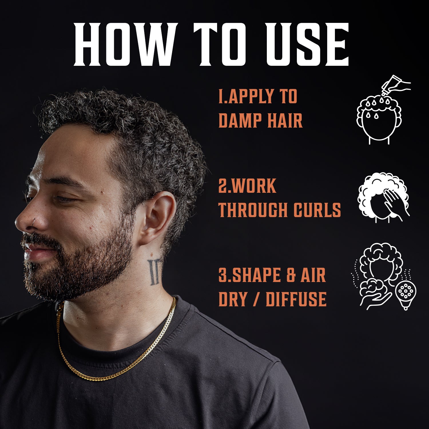 Curly-haired man with beard next to Sandalwood Curling Cream (8fl oz) and styling instructions.