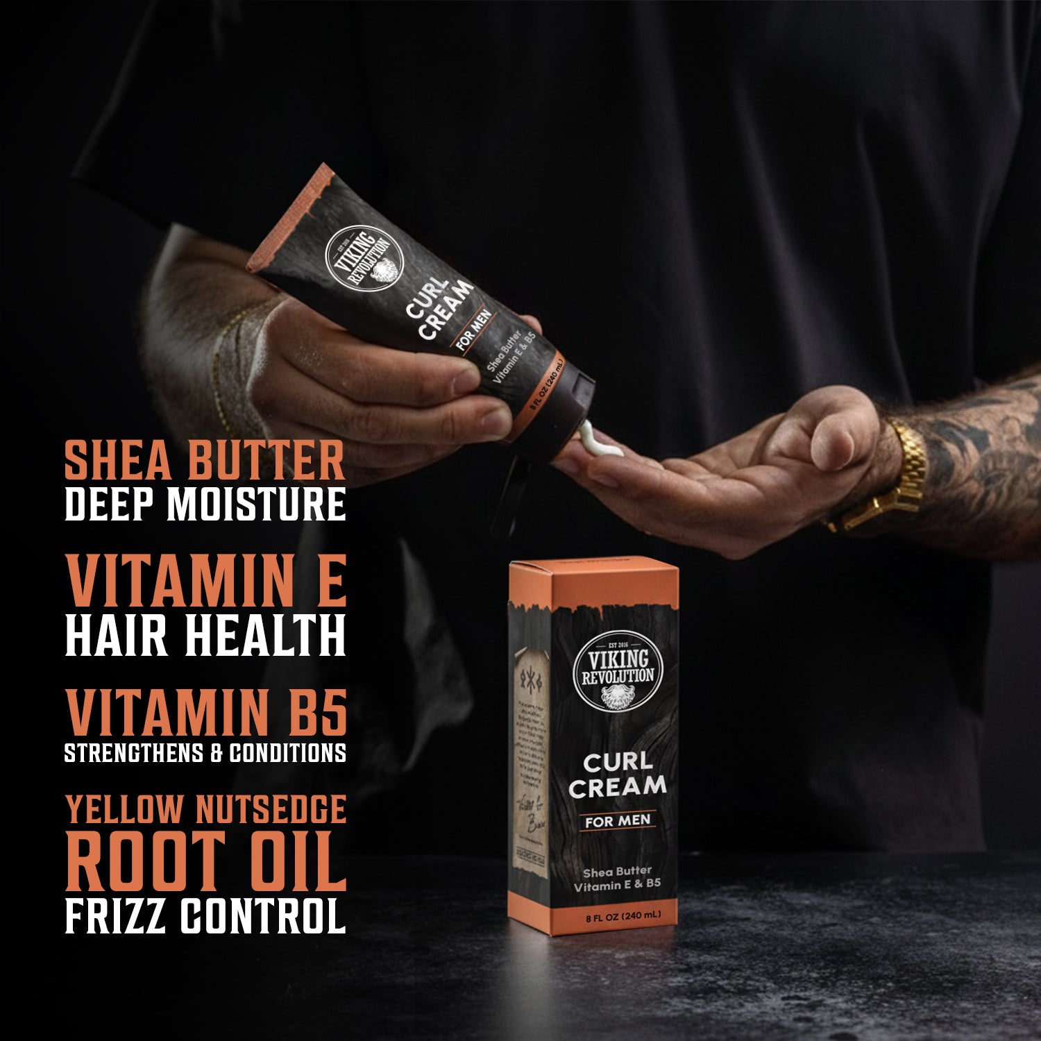 Someone applies Sandalwood Curling Cream (8fl oz), with the box and key benefits visible.