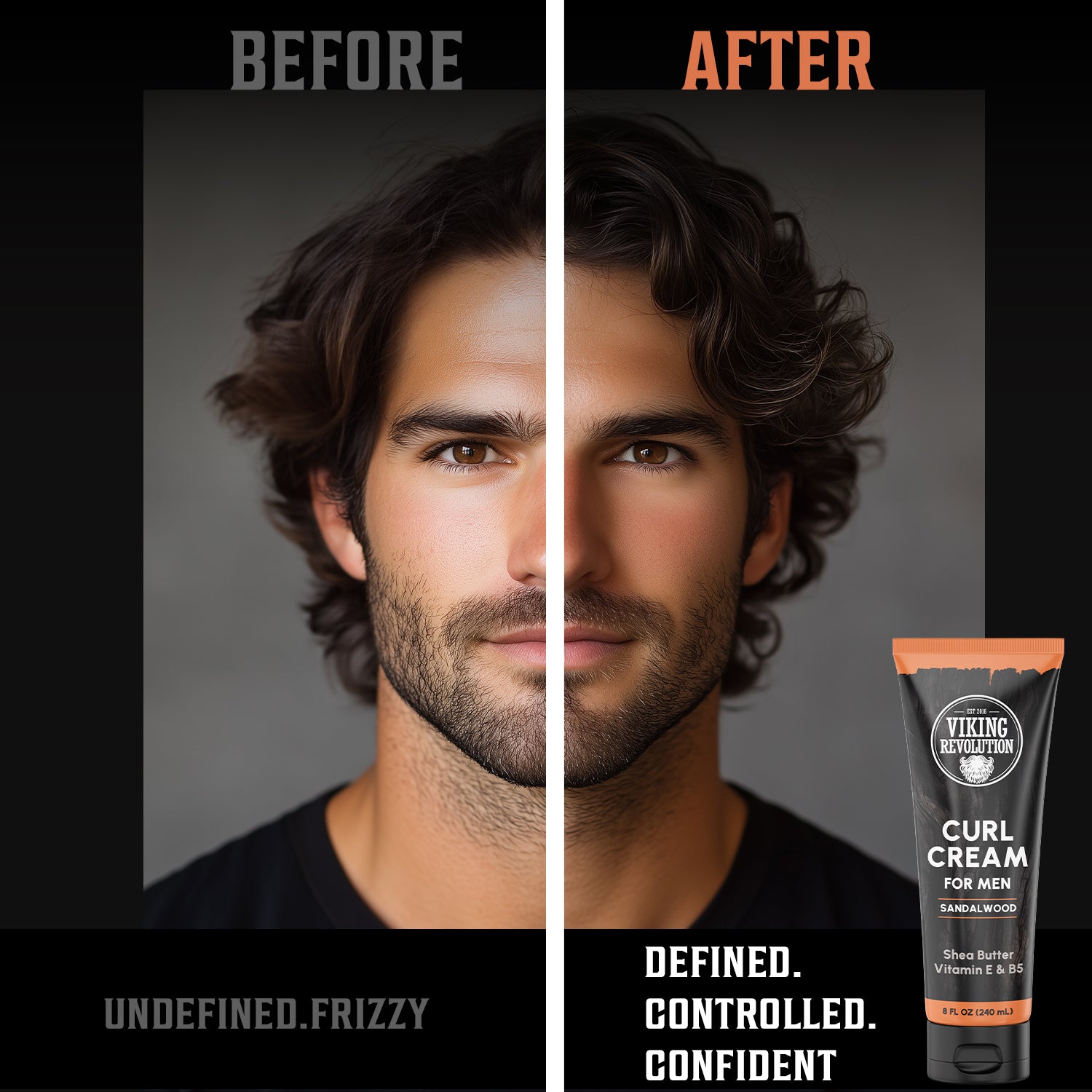 A man's hair is frizzy on the left and defined on the right with Sandalwood Curling Cream (8fl oz).