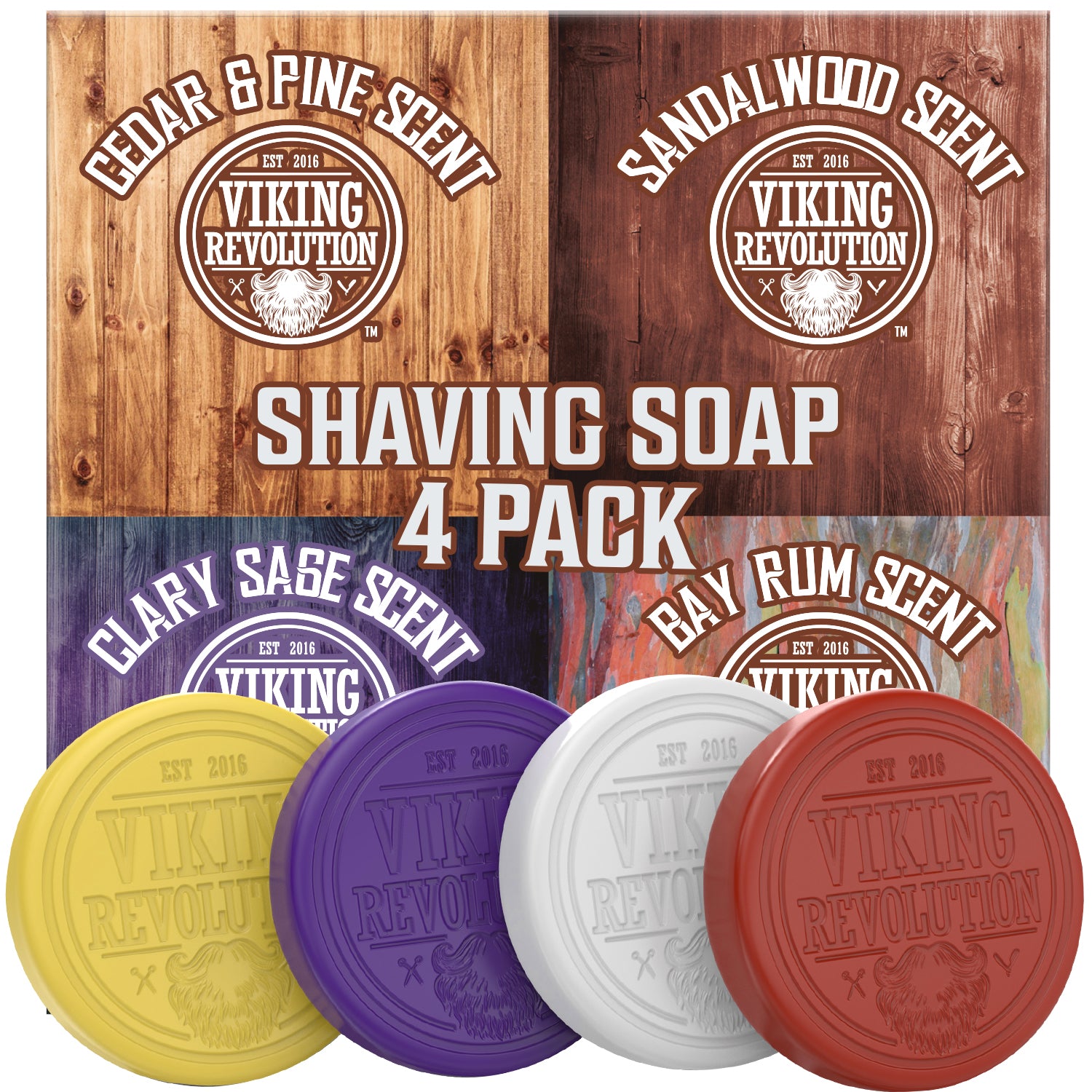 Shaving Soap 4 Pack on a rustic wooden background with essential oils for an elevated experience.