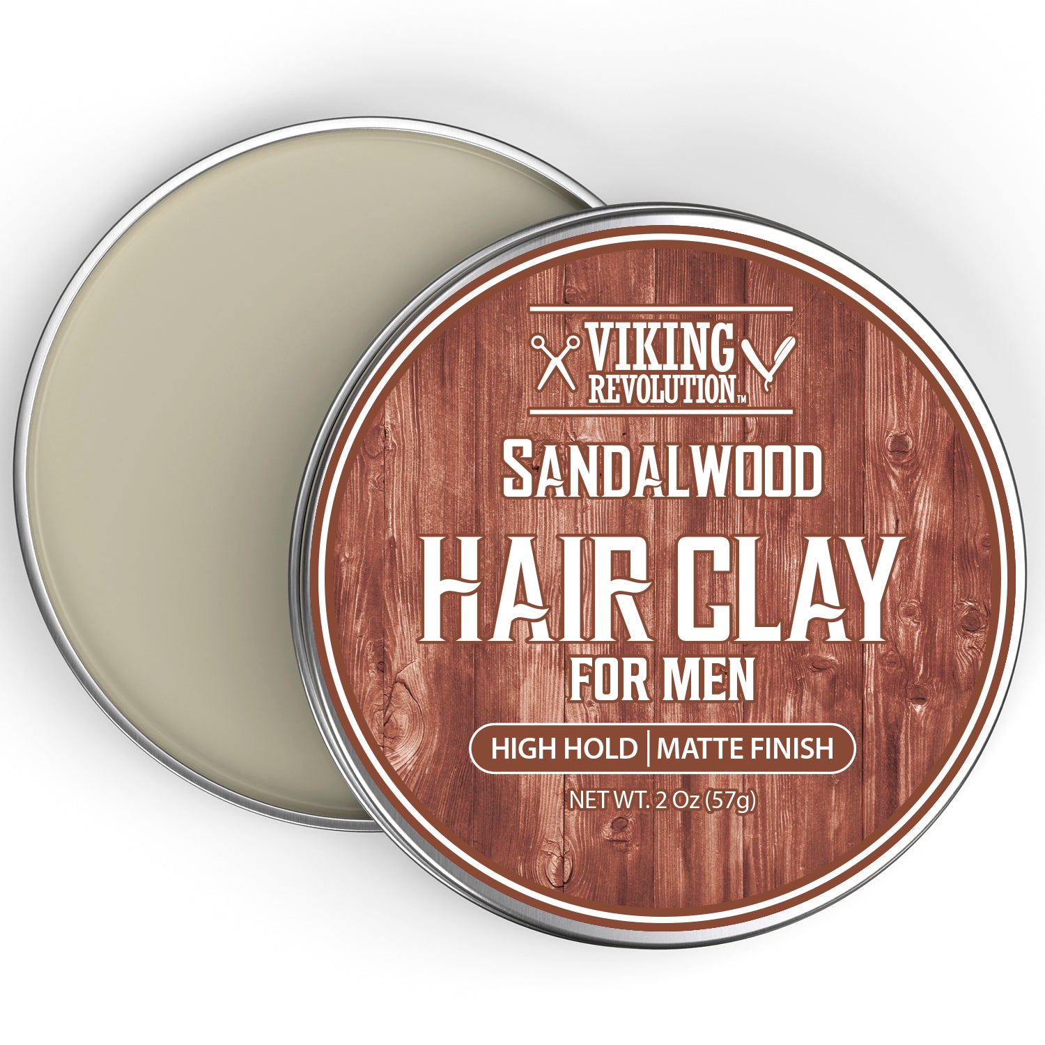 Round tin of Viking Revolution Hair Clay - Sandalwood, for men, Strong Hold, Matte Finish.