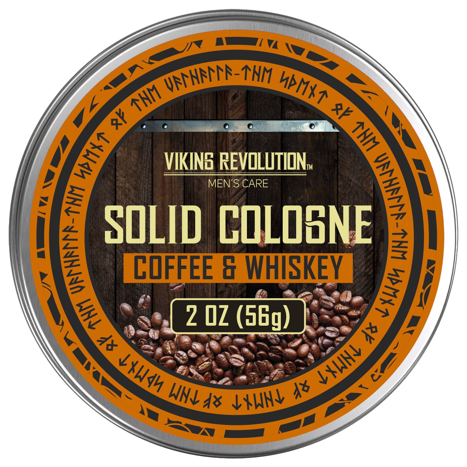 Round tin of Viking Revolution 2 Oz solid cologne, Coffee & Whiskey scent, a perfect gift for men.