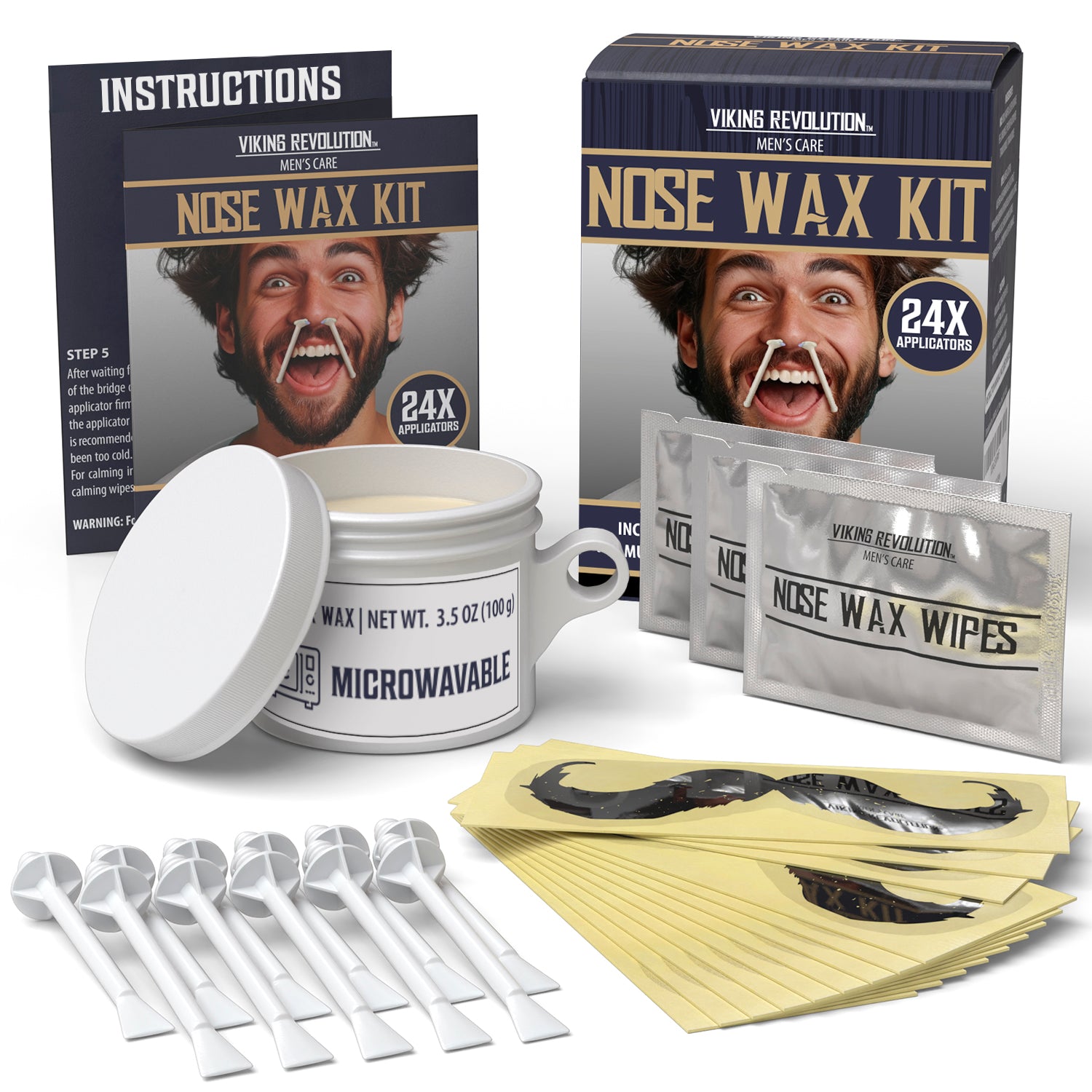 Nose Wax Kit with applicators and wipes for lasting results; box shows a smiling man.