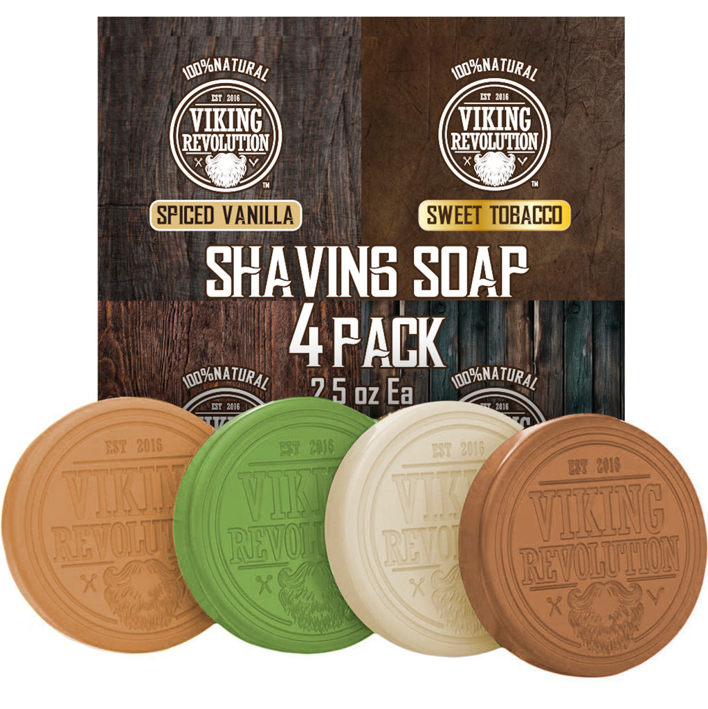 Viking Revolution Shaving Soap 4-pack includes spiced vanilla, sweet tobacco scents, ideal for facial shaving.