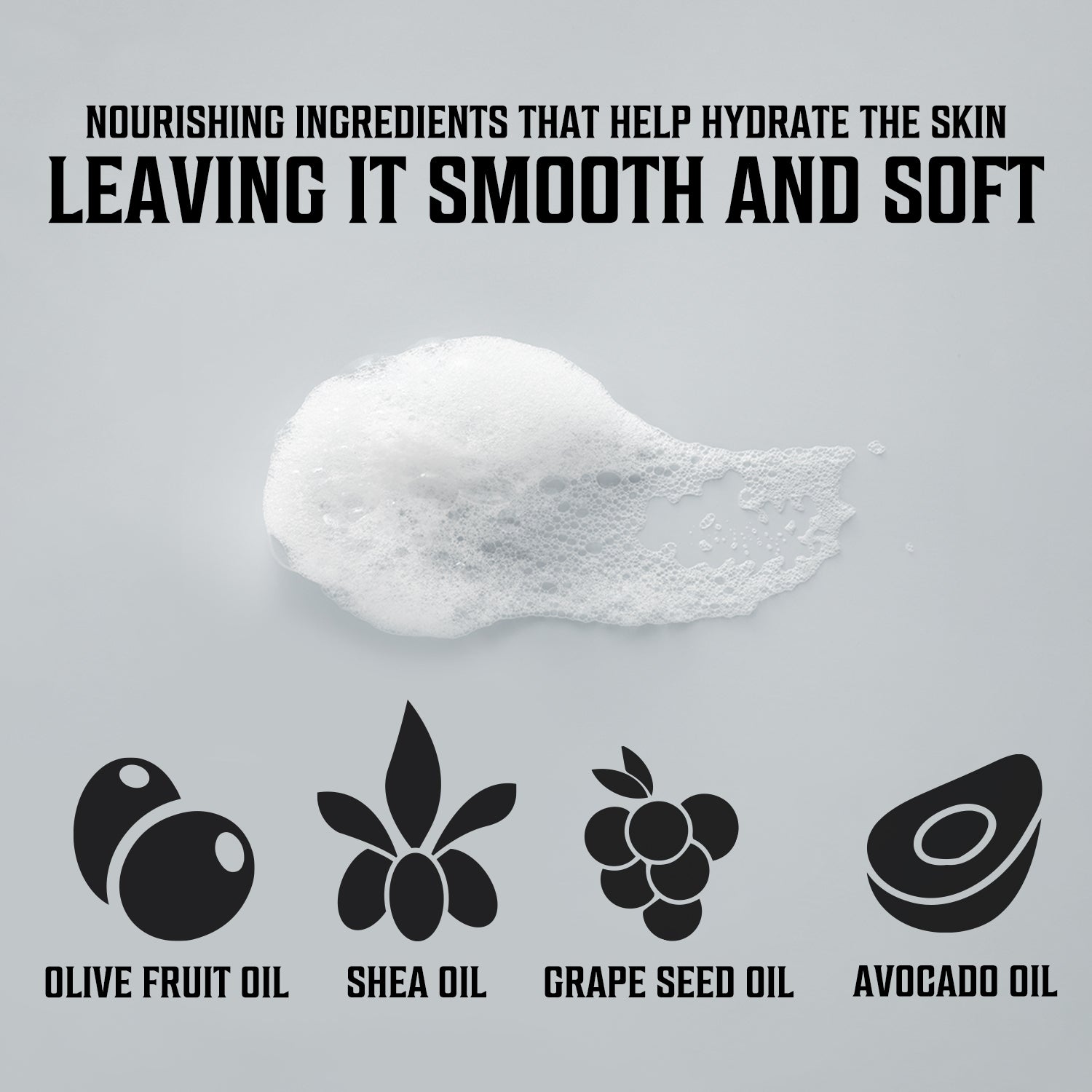 Shaving Soap 4 Pack foam features icons for essential oils: olive fruit, shea, grape seed, and avocado.