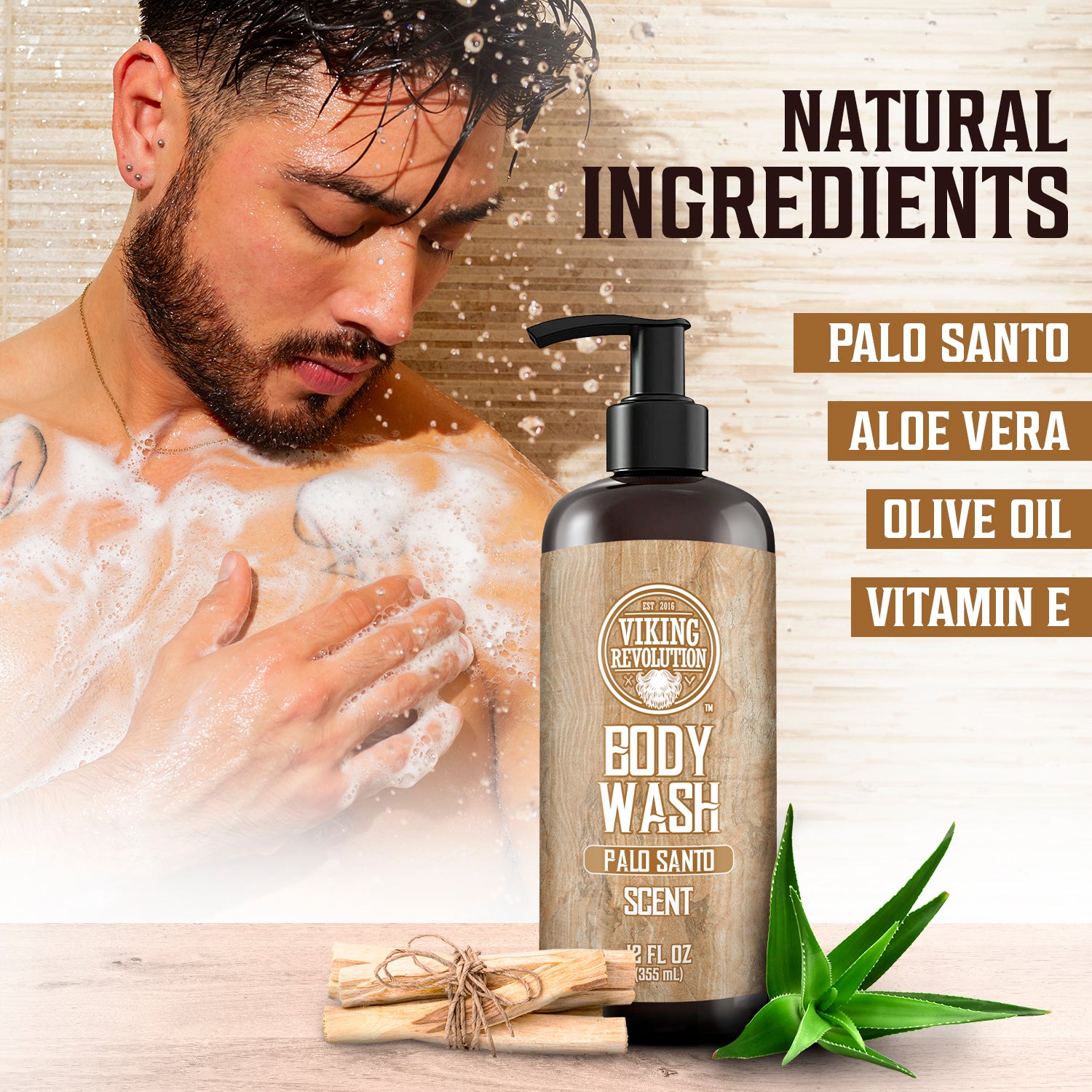 Active man showers with the 12oz Body Wash - Palo Santo, surrounded by aloe and its moisturizing scent.