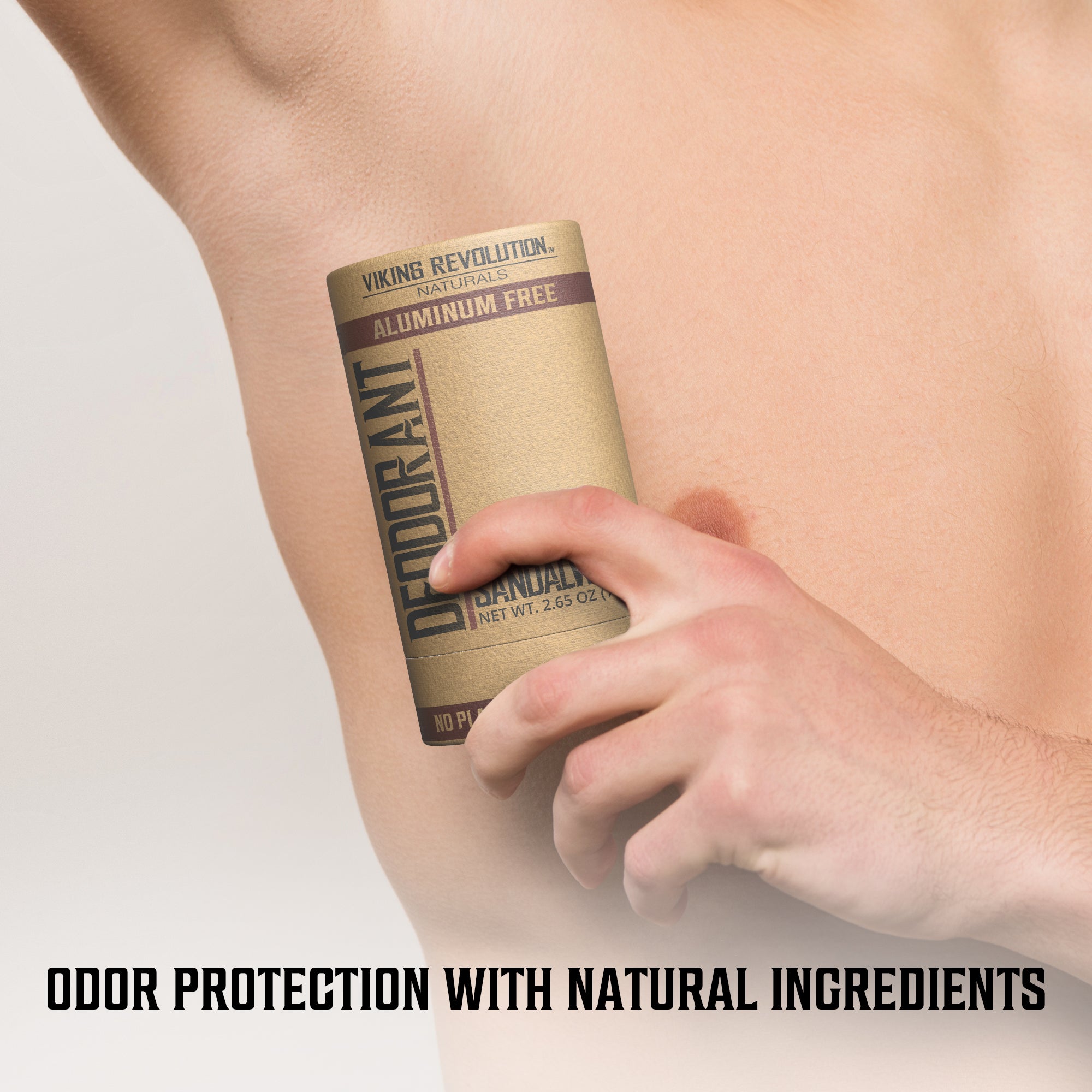 Person applies Deodorant - Sandalwood to underarm. Text: Natural Ingredient Odor Protection.