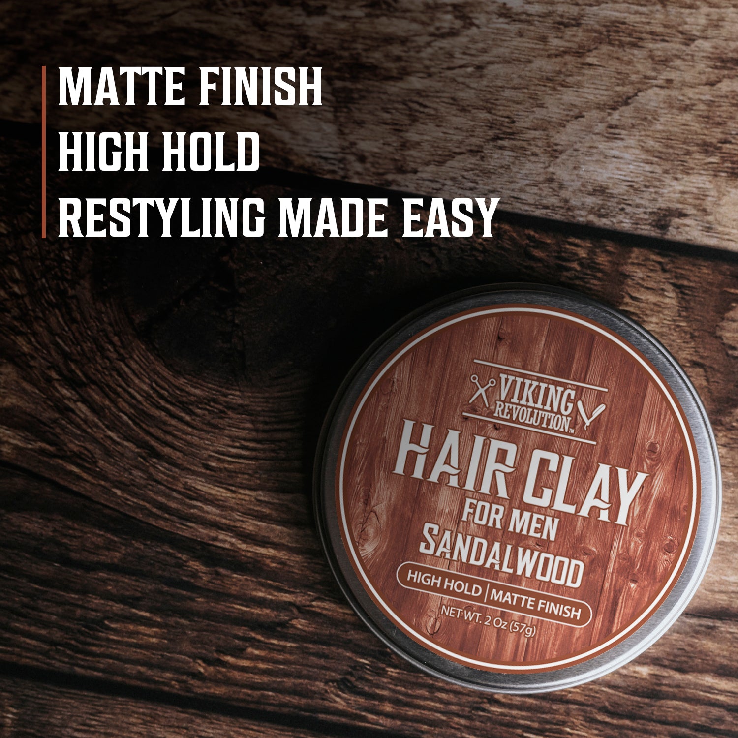 Hair Clay - Sandalwood tin on wood: Matte Finish, Strong Hold, Versatile Styling Made Easy.