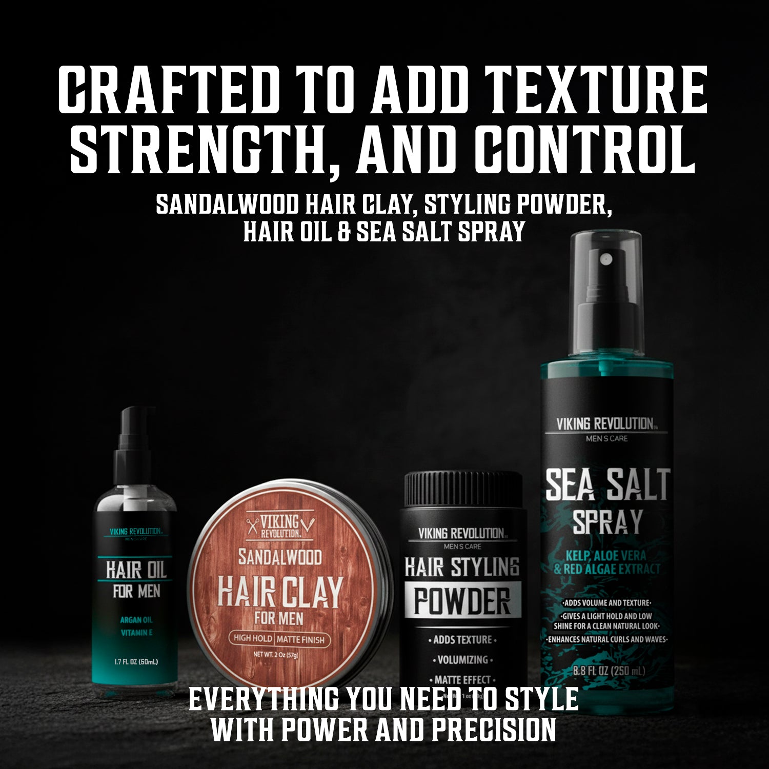 Ultimate Hair Care Collection—Sea Salt Spray, Texture Powder, Hair Clay & Comb Set on a dark surface.