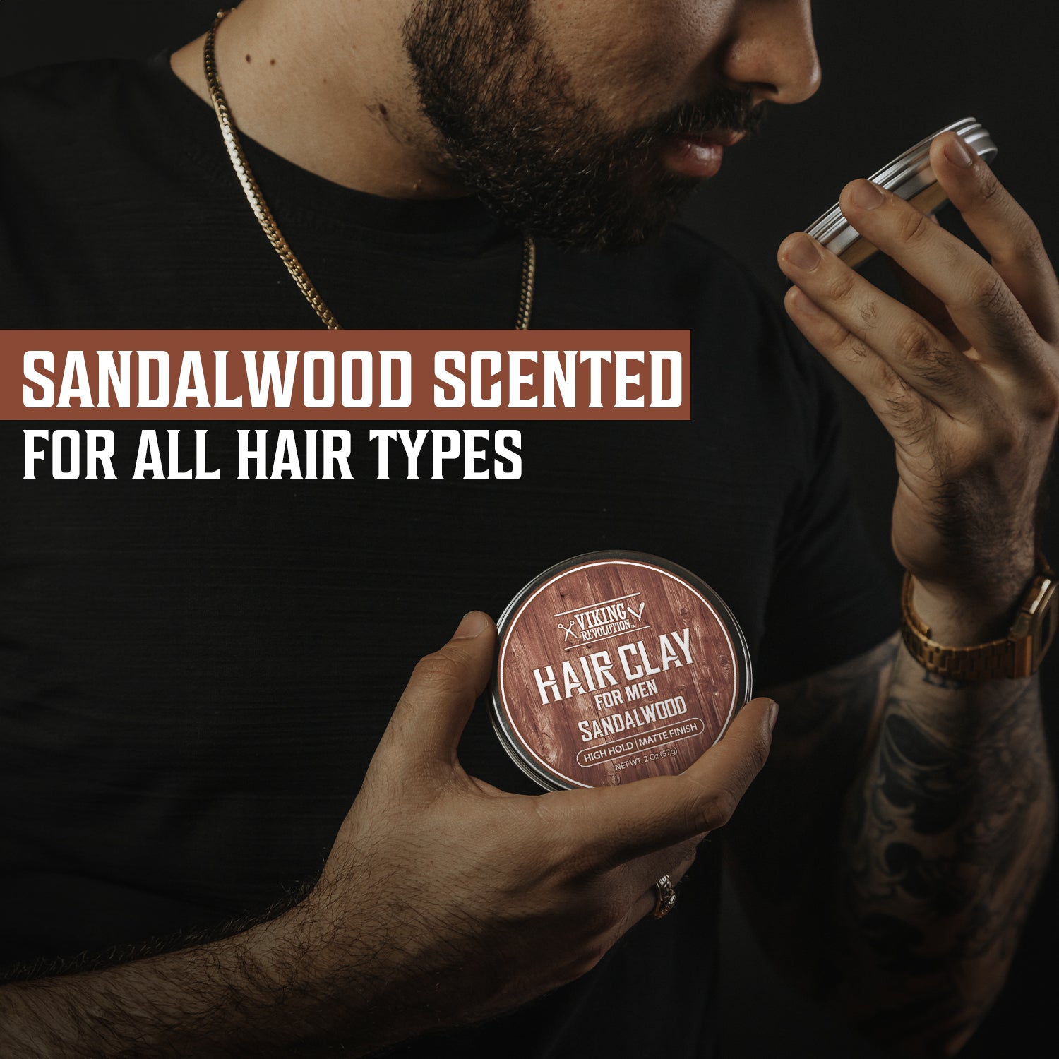 Man enjoying the strong hold and versatile styling of Hair Clay - Sandalwood from a tin.