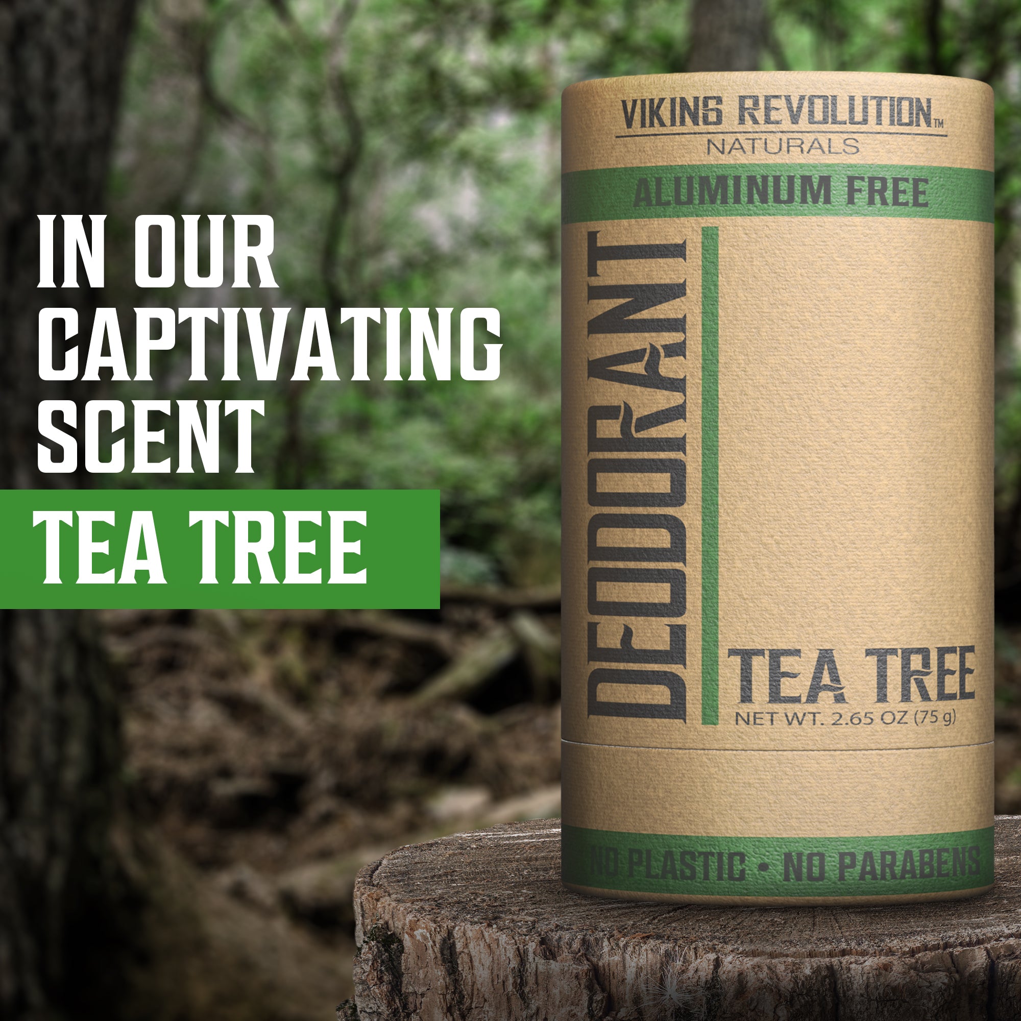 Tea Tree Deodorant on a stump in the forest, offering an aluminum-free fresh scent for men.