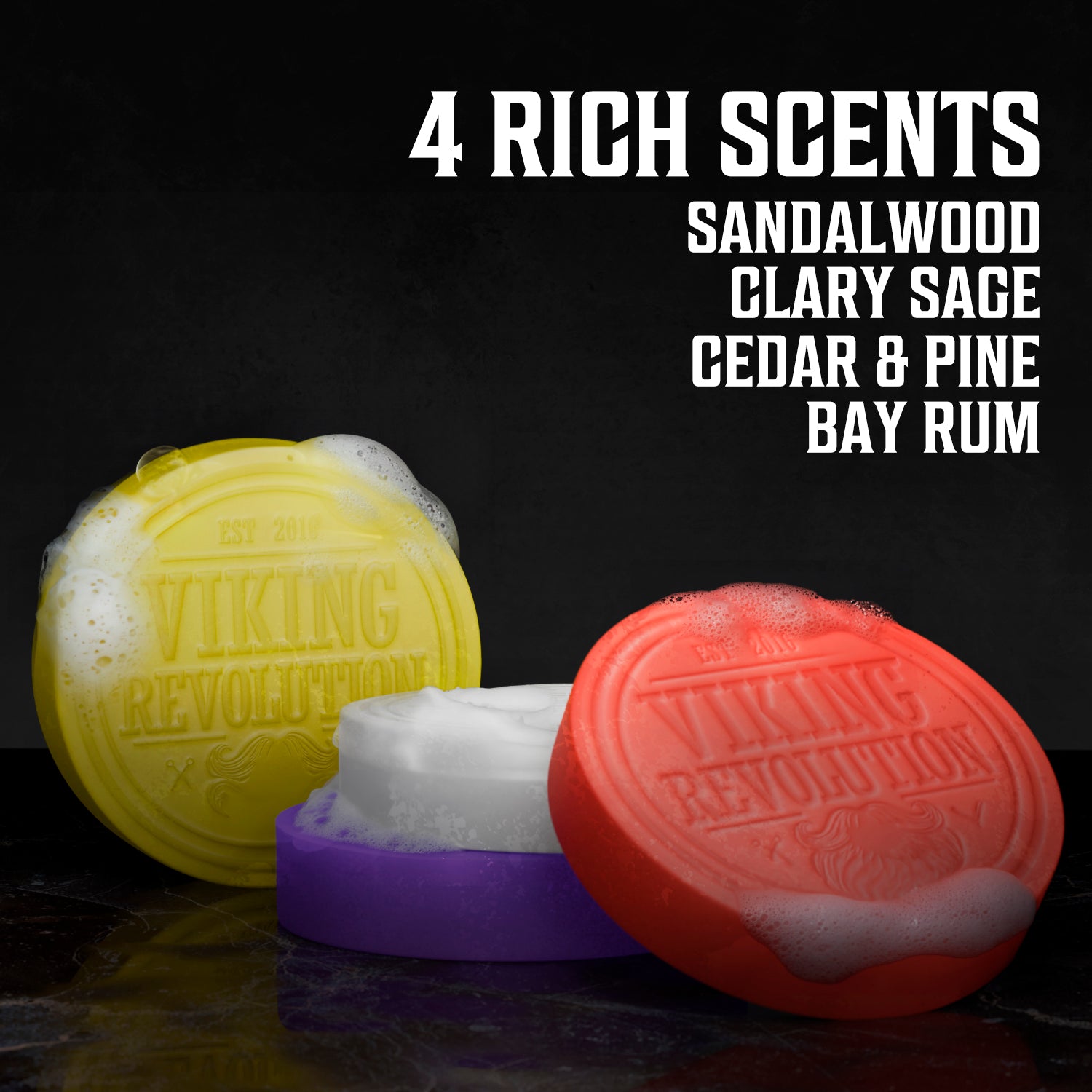 Viking Revolution Shaving Soap 4 Pack foams richly, offering a vibrant experience in four scents.