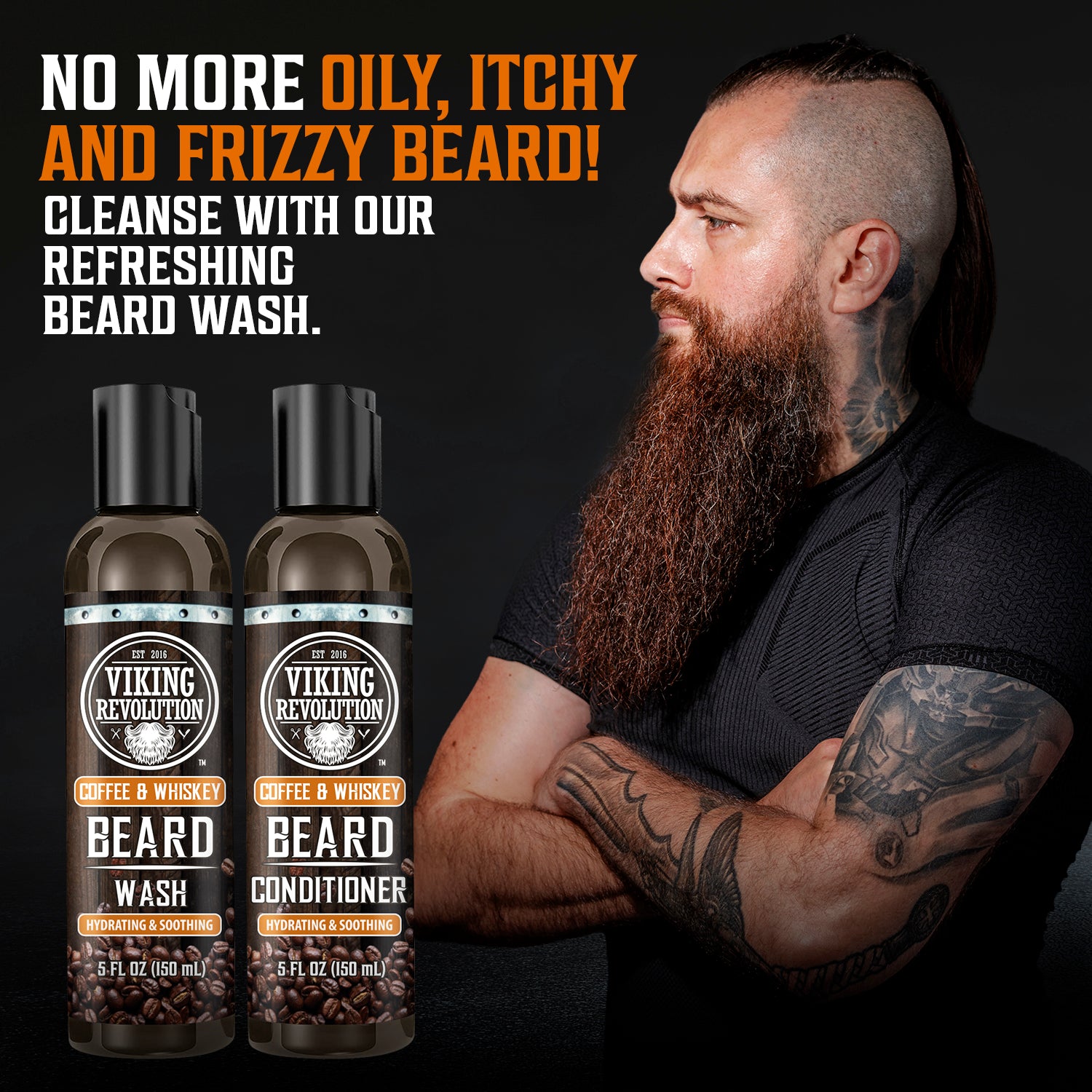 Man with a beard poses by Coffee & Whiskey Beard Wash & Conditioner Set - 5oz for healthy skin.